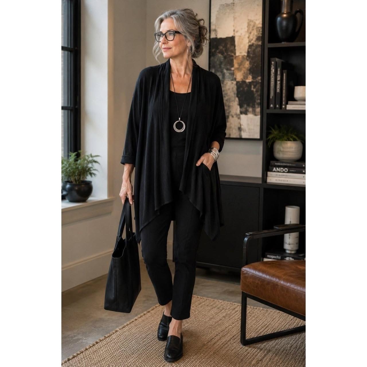 Petite woman over 50 in a fine long cardigan over an all-black column outfit
