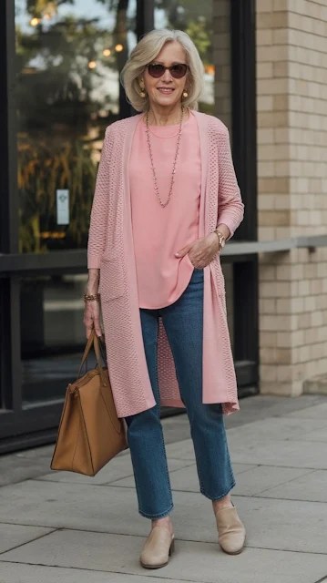 Woman over 50 wearing a button cardigan as a top with an A-line knee skirt