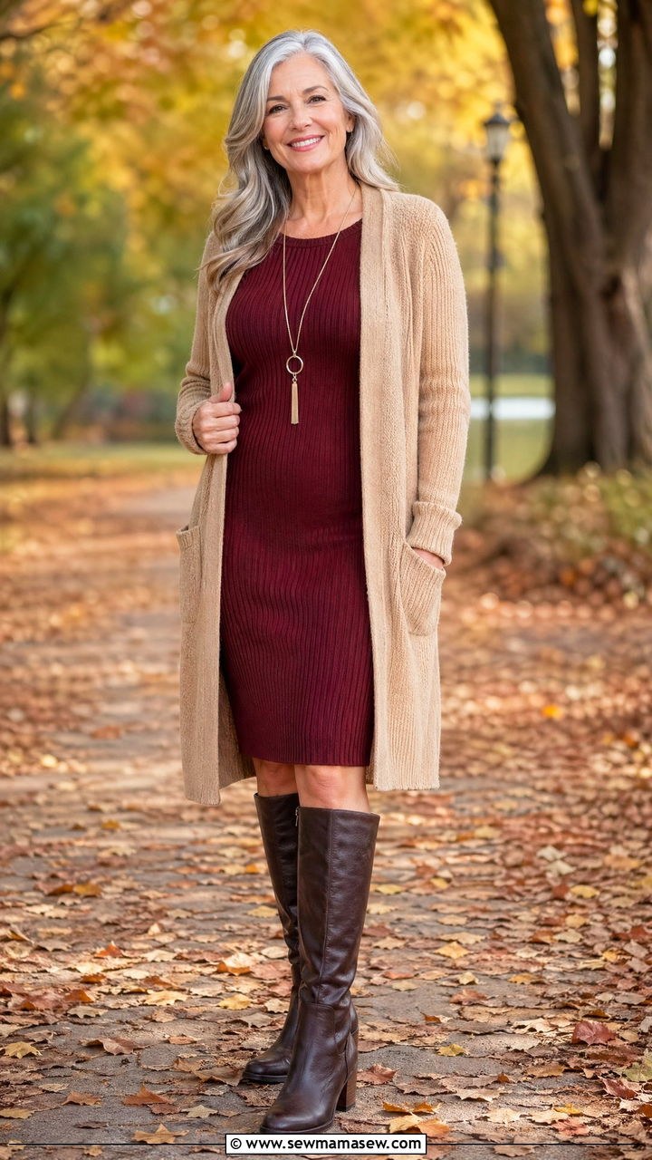Woman over 50 in a wrap cardigan tied at the waist over a knit dress