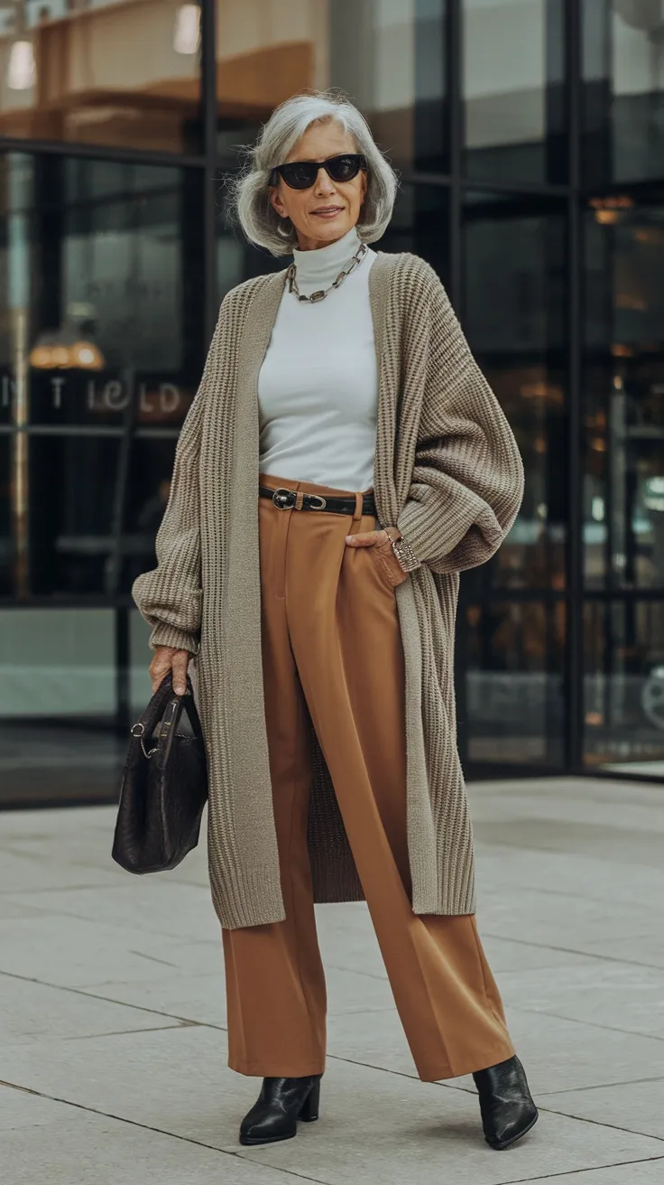 Woman over 50 in turtleneck shirt dress and long cardigan fall look