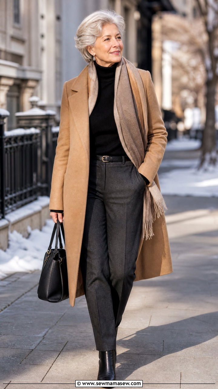 Woman over 50 layered camel coat turtleneck and winter trousers cold fall outfit