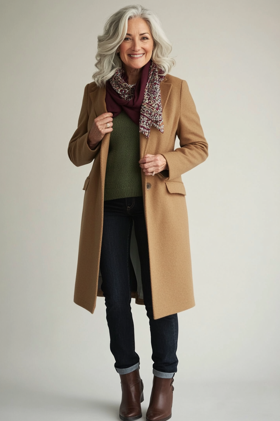 Woman over 50 in shacket scarf and sweater layered fall outfit