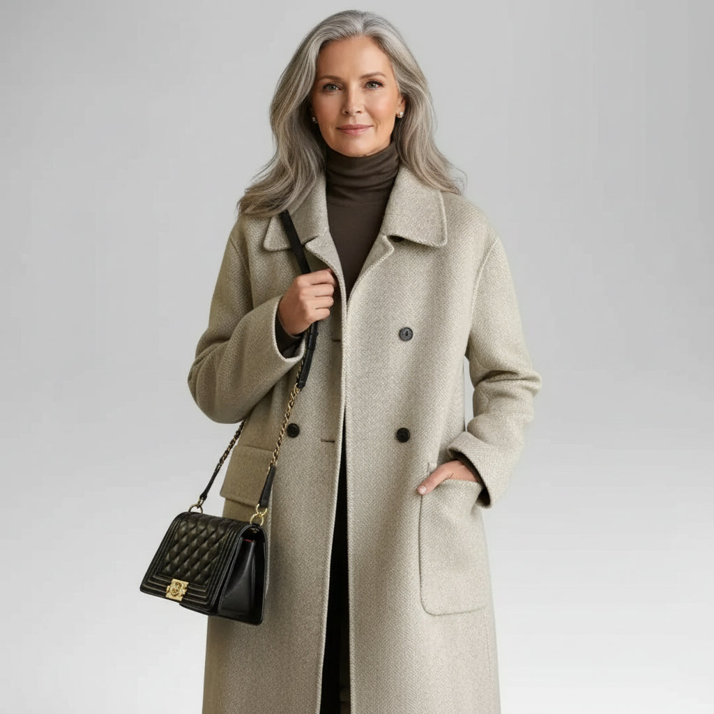 Elegant woman over 50 in wool coat blazer cashmere fall outfit