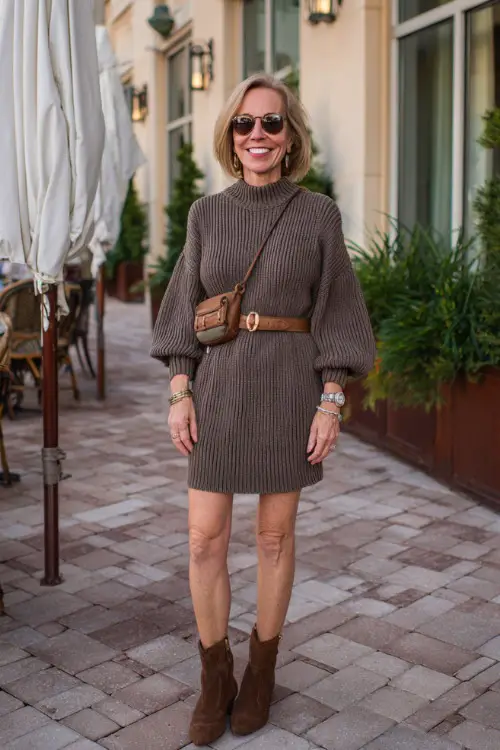 Woman over 50 in fitted knit dress suede jacket and ankle boots