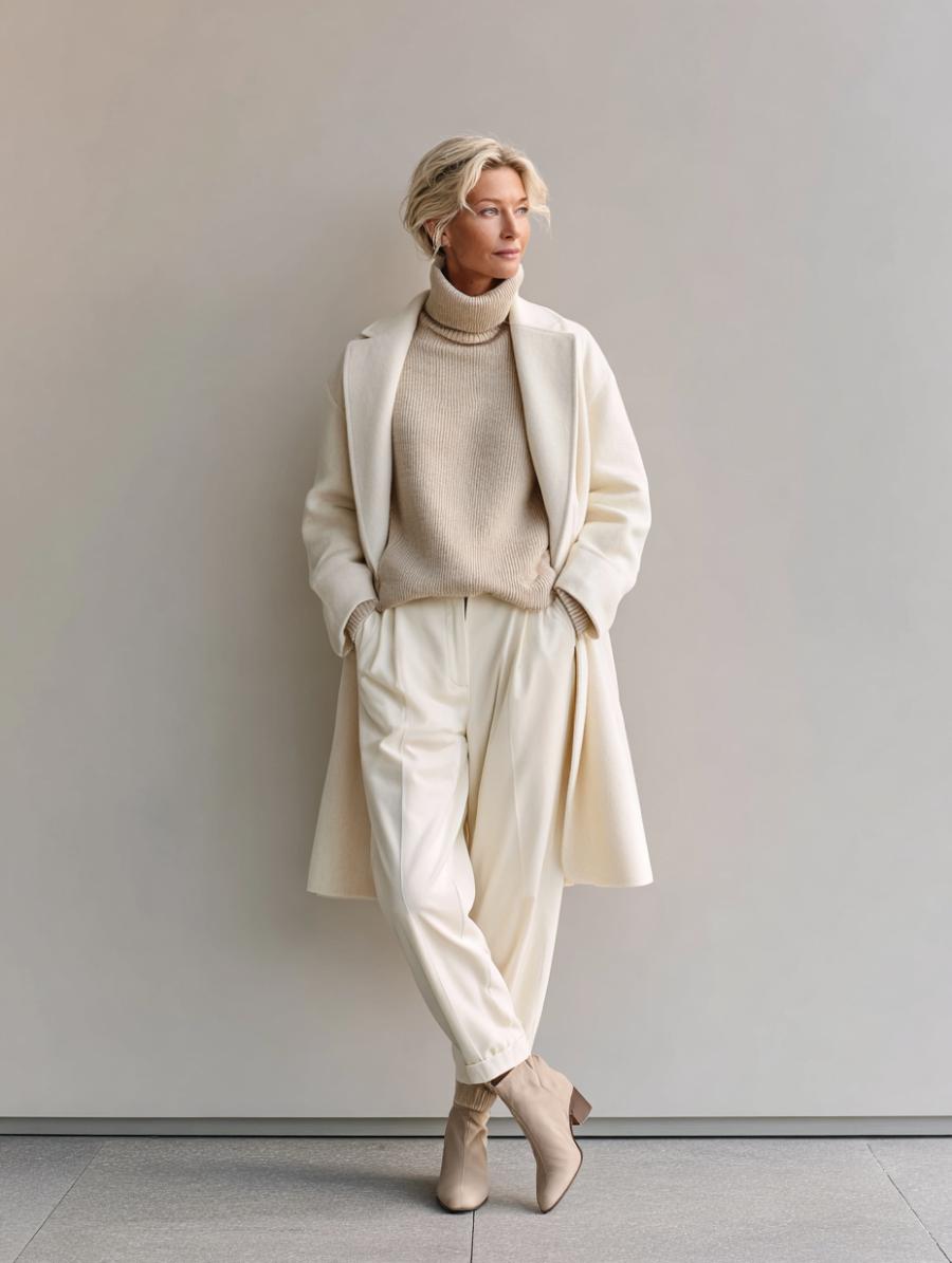 Woman over 50 layering merino turtleneck crewneck sweater and wool coat