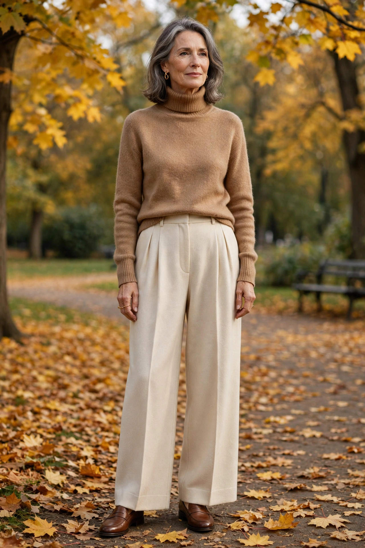 Woman in her 60s in a camel turtleneck sweater and cream wide-leg trousers in an autumn park