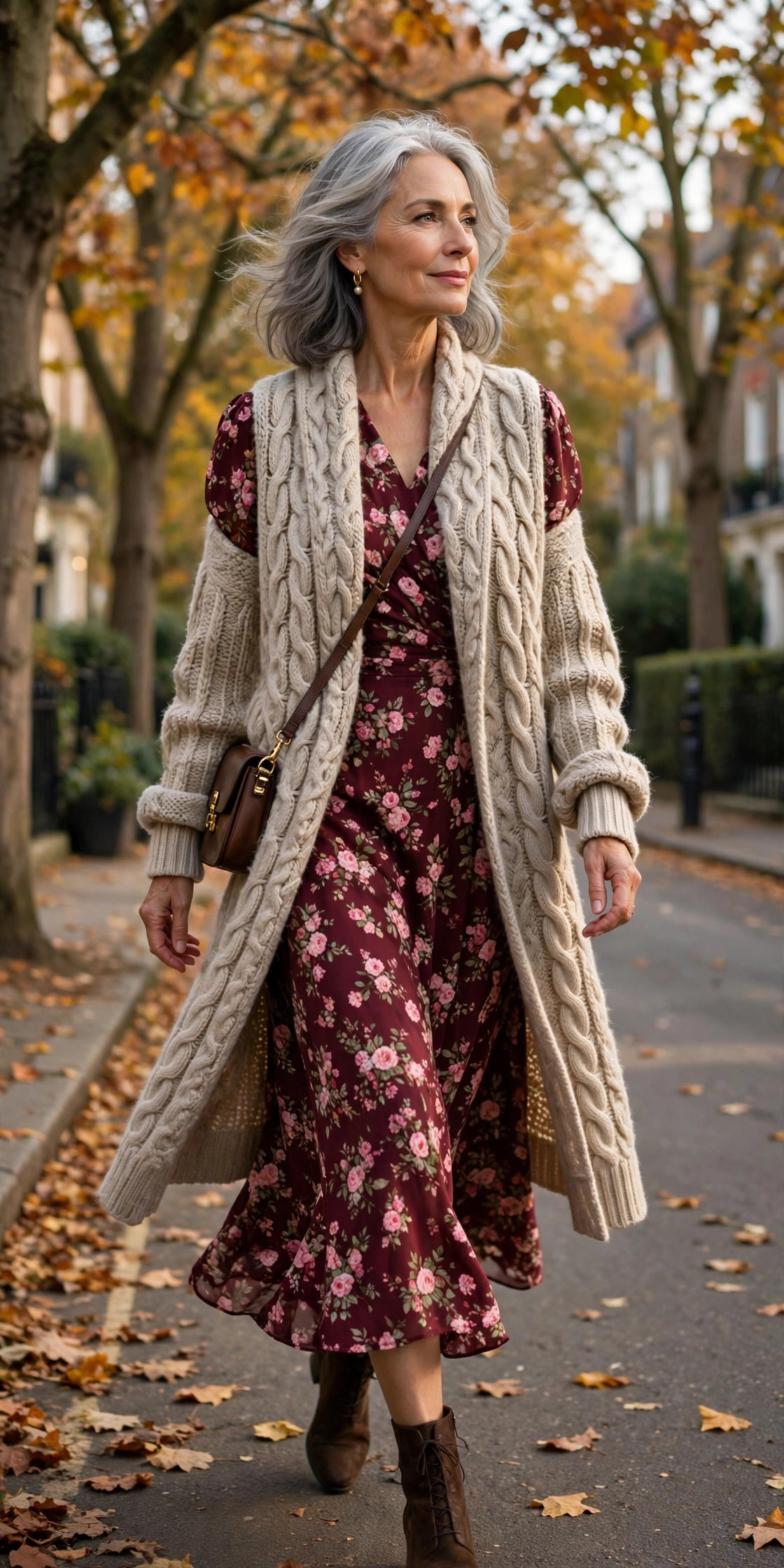 Woman in her 60s wearing a chunky oatmeal cable-knit cardigan over a burgundy floral midi dress