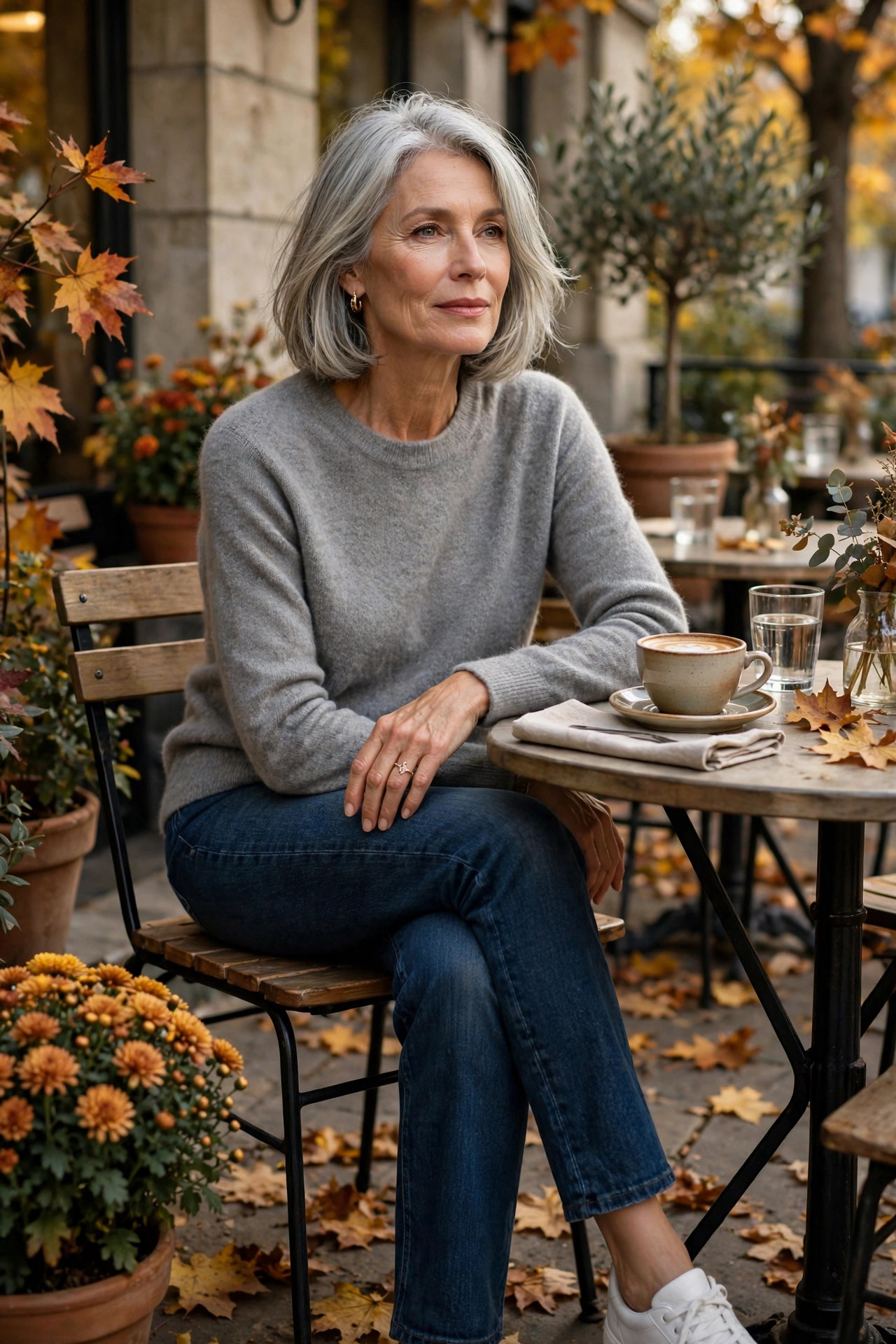 Woman in her 60s in a gray cashmere crewneck sweater with dark-wash jeans at a cafe terrace