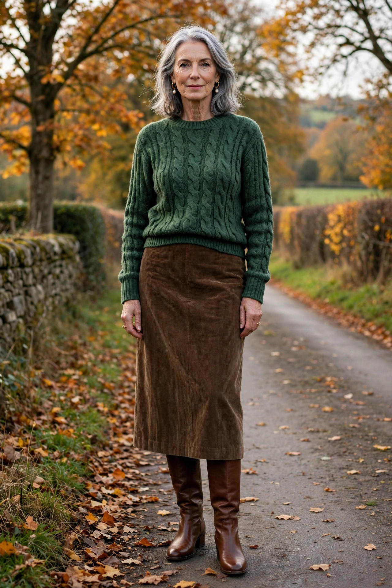 Woman in her 60s wearing a forest-green cable-knit sweater tucked into a brown corduroy midi skirt