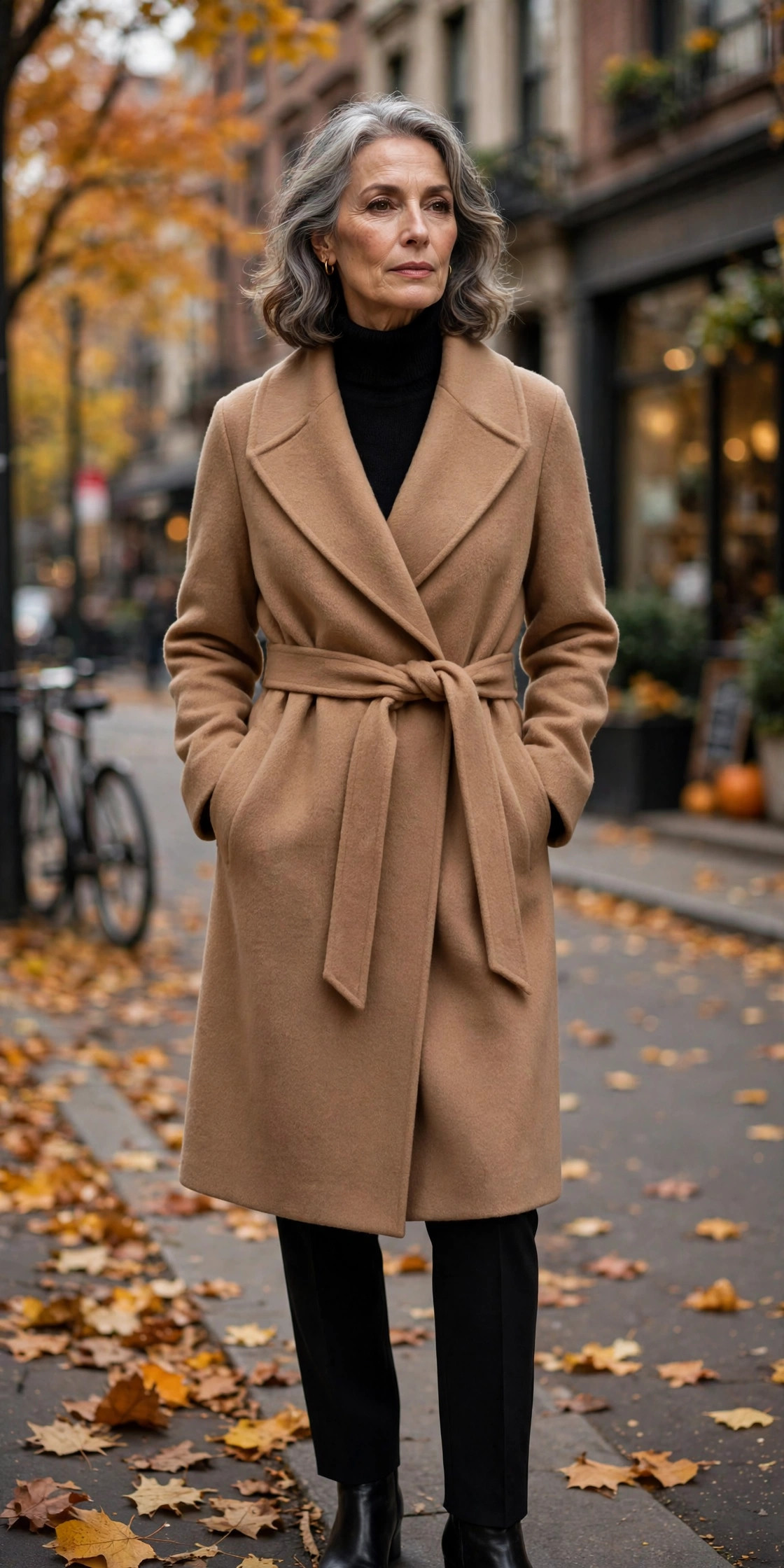 Woman in her 60s in a camel wool wrap coat over an all-black outfit on a city sidewalk
