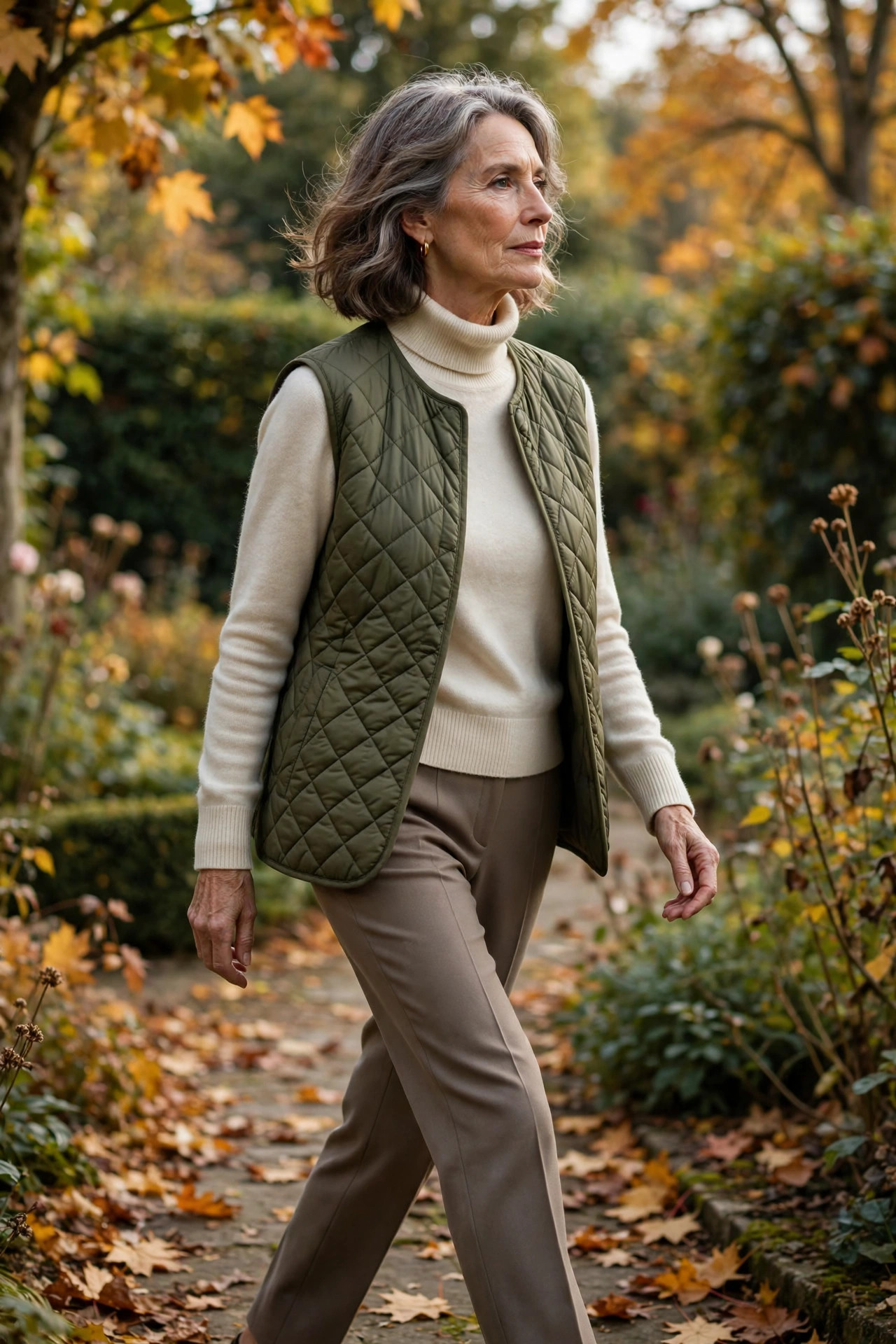 Woman in her 60s wearing an olive quilted vest over a cream roll-neck sweater and taupe trousers