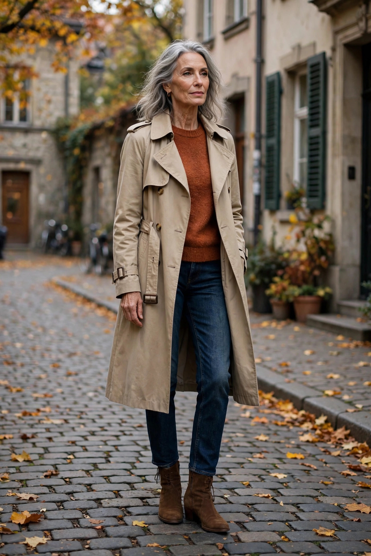 Woman in her 60s in a beige trench coat layered over a rust sweater and dark jeans
