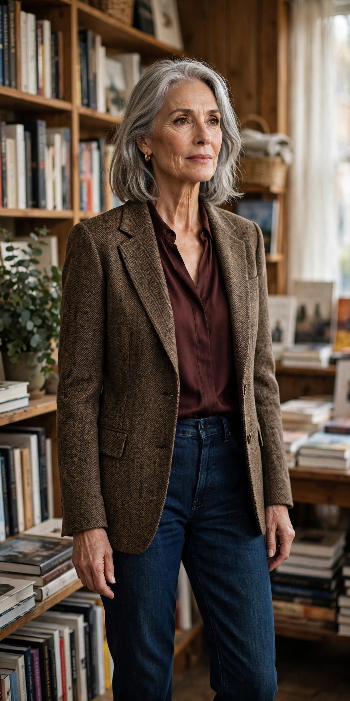 Woman in her 60s wearing a brown tweed blazer with a burgundy blouse and dark indigo jeans