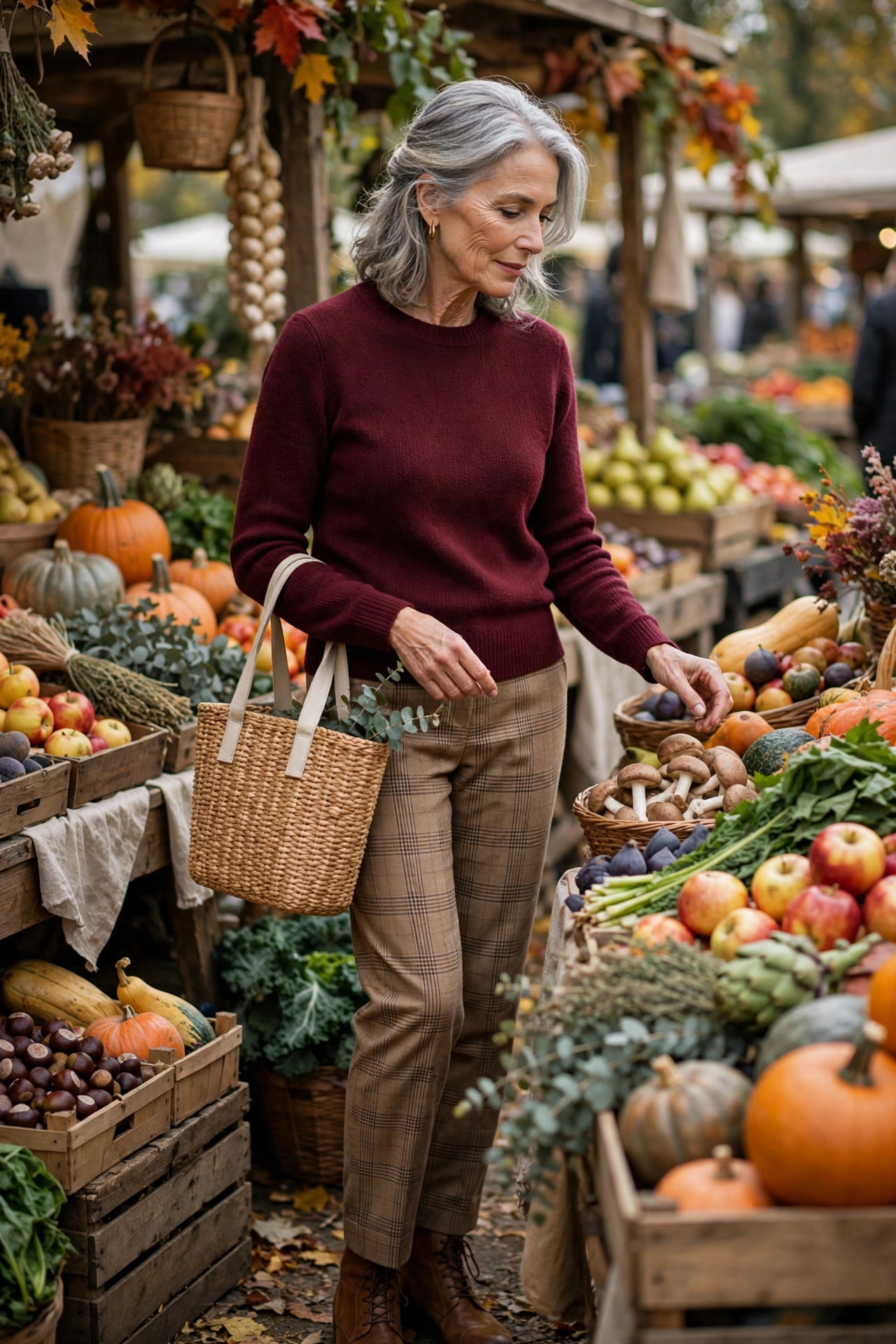 Woman in her 60s in a burgundy knit sweater with tan plaid trousers at a farmers market