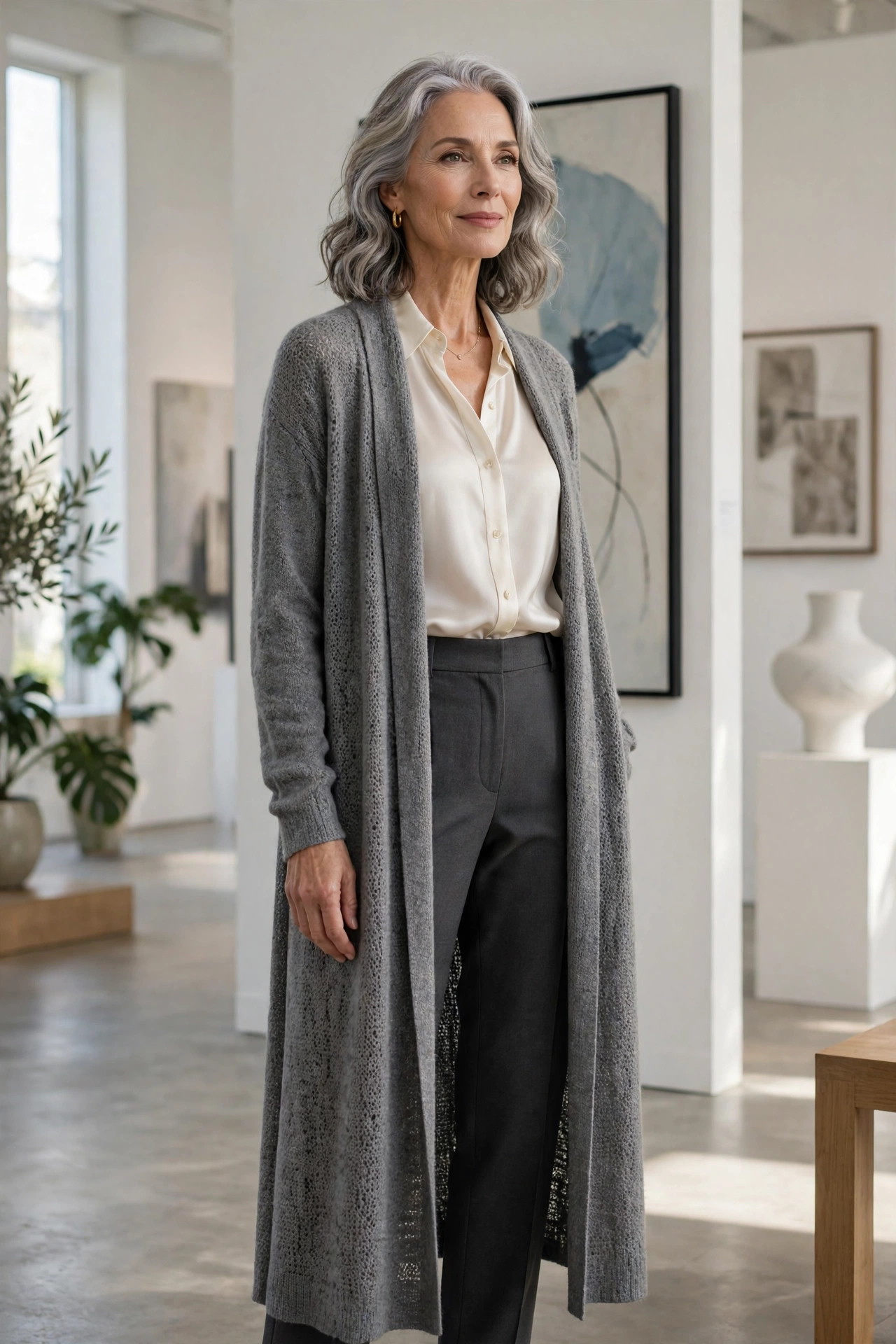 Woman in her 60s wearing a long gray cardigan duster over an ivory silk blouse and charcoal trousers