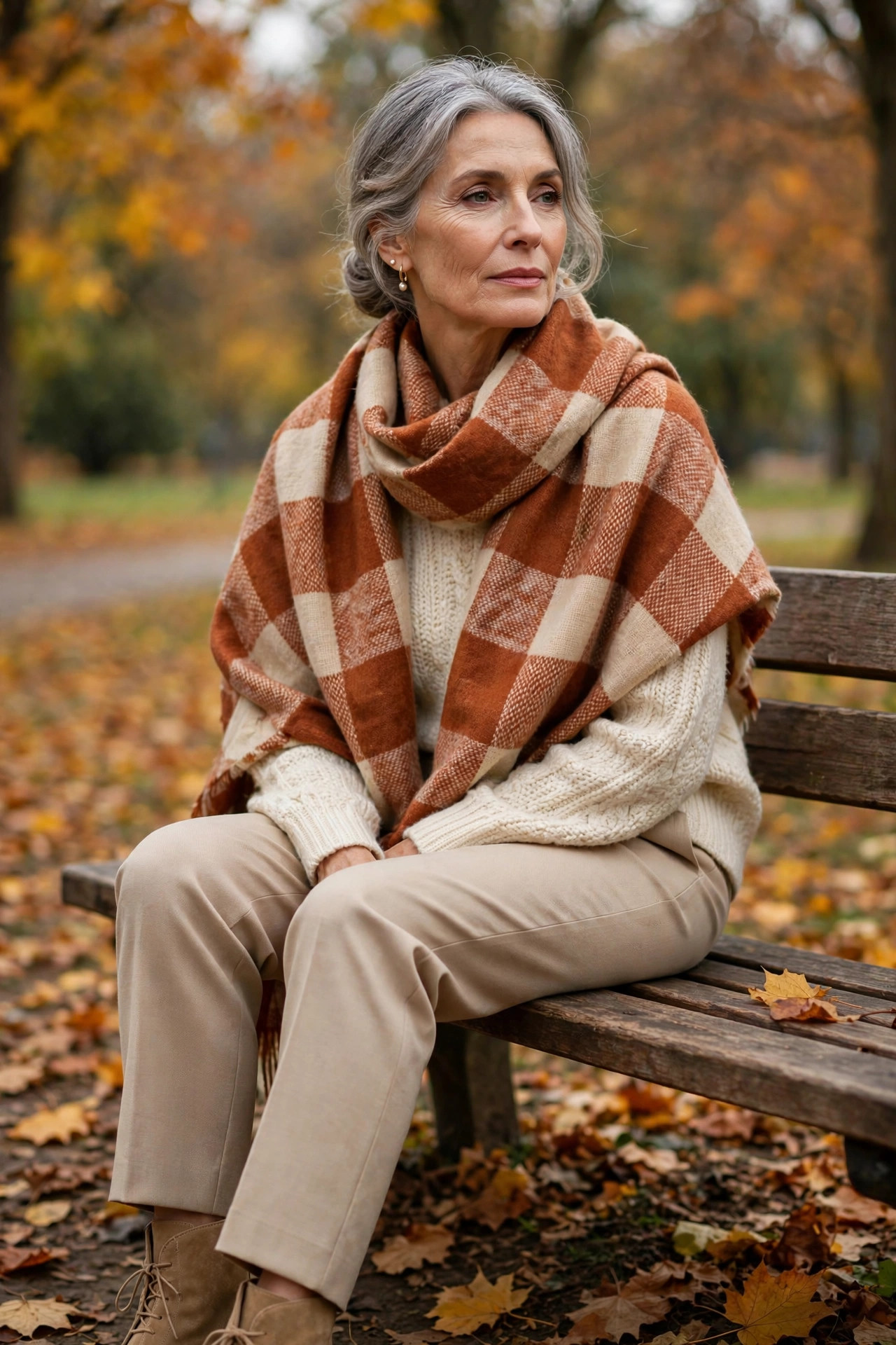 Woman in her 60s wrapped in a rust-and-cream plaid scarf with a neutral fall outfit on a park bench