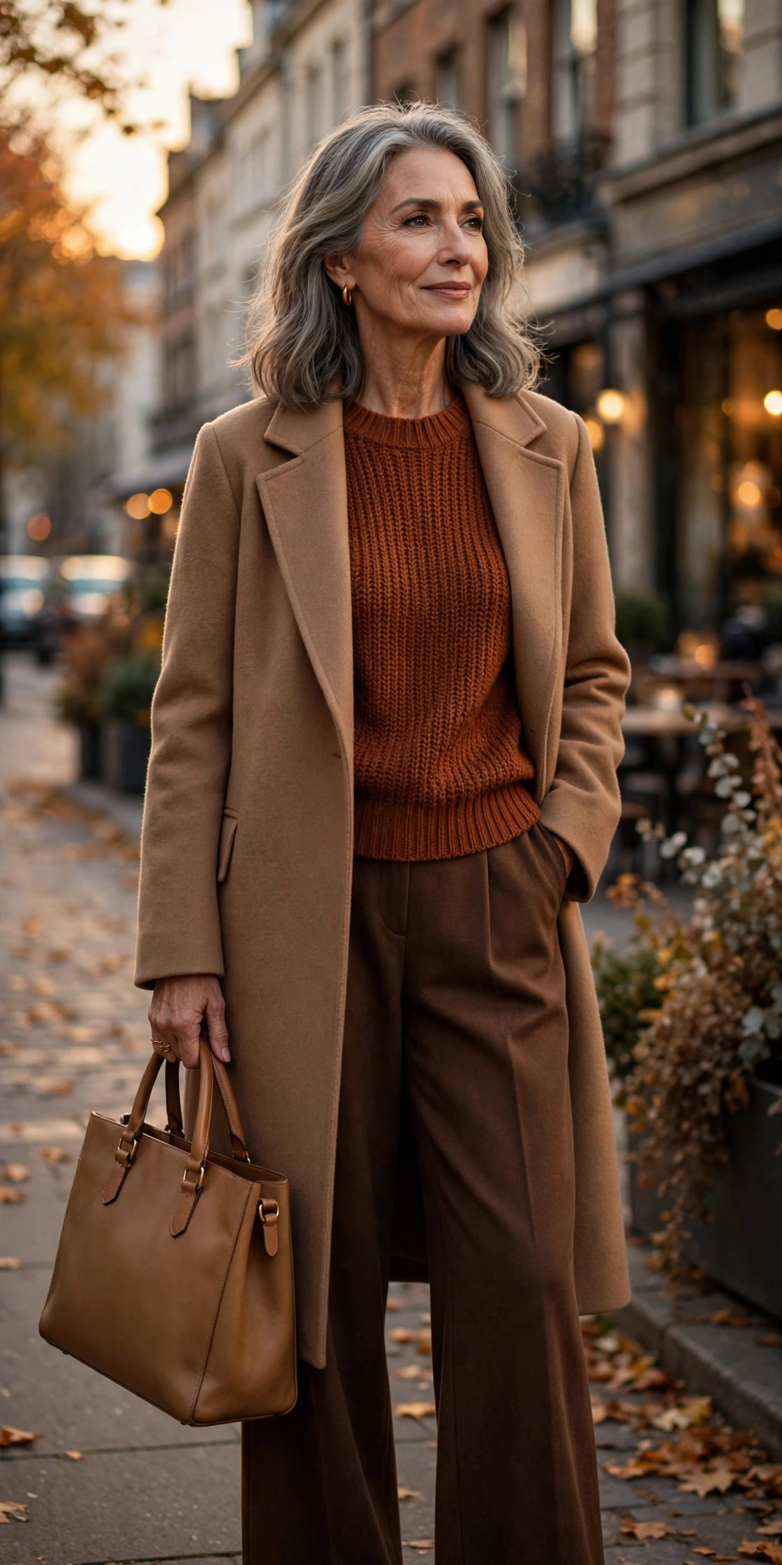 Woman in her 60s in head-to-toe autumn tones with a camel coat and tan leather tote