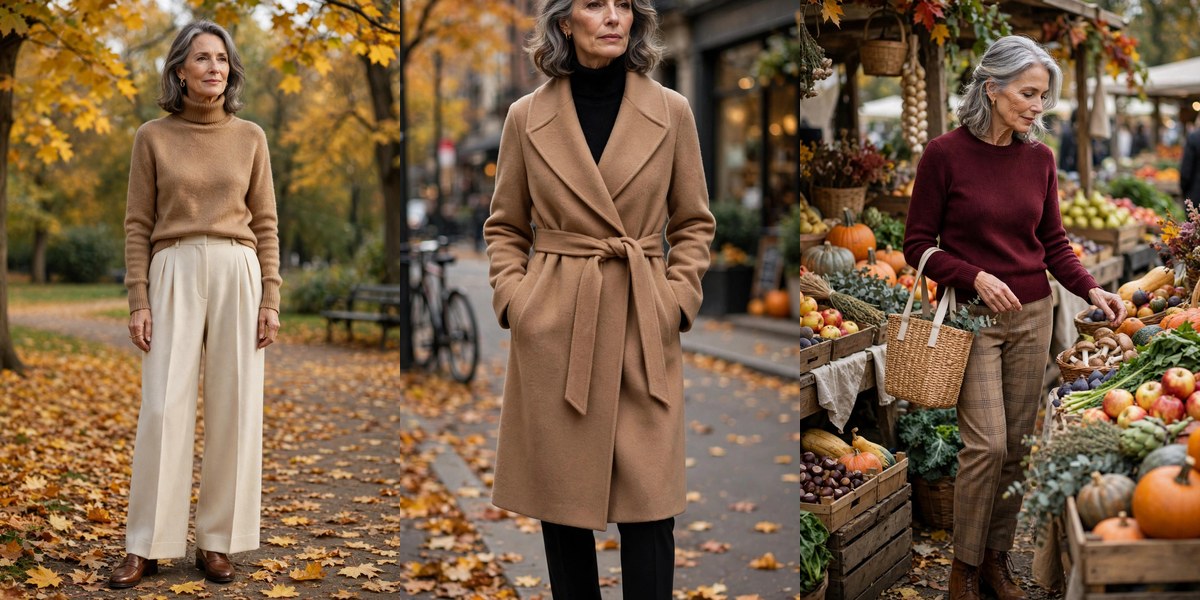 Fall outfits for women over 60 collage: camel turtleneck, wrap coat, and burgundy sweater looks