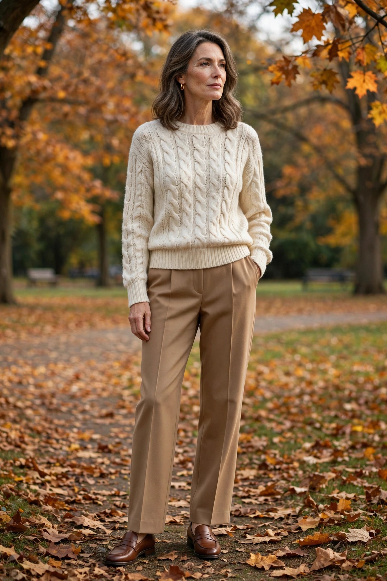 Woman over 50 in brown penny loafers, camel trousers and a cream sweater in an autumn park