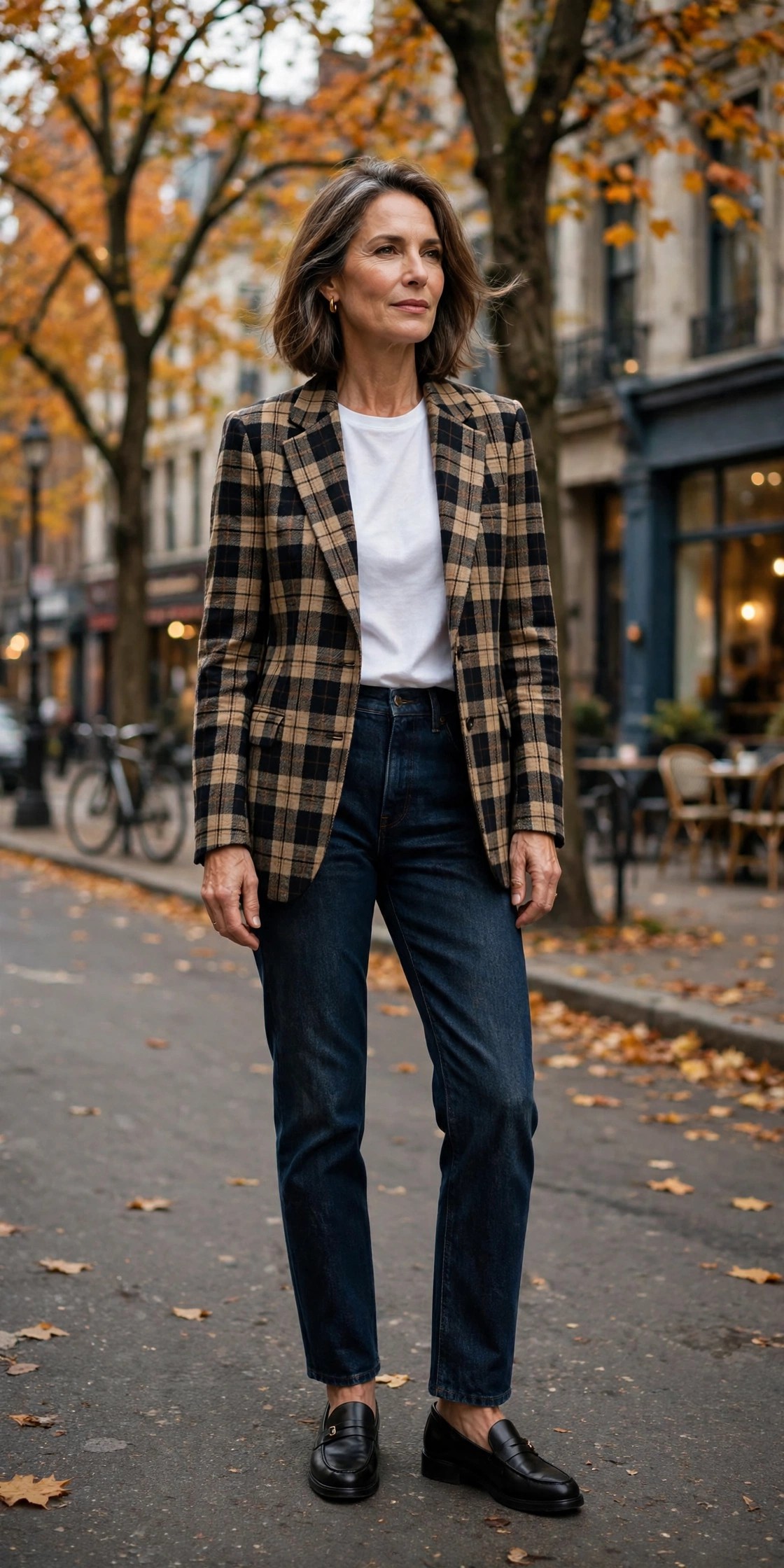 Woman in her 50s wearing black loafers, a plaid blazer and dark jeans on a fall city street