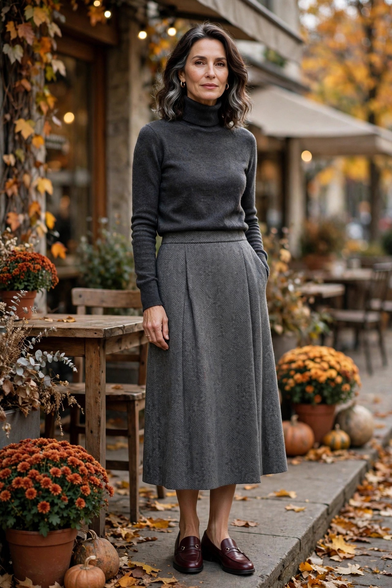 Elegant woman over 50 in burgundy loafers, gray wool skirt and turtleneck on a cafe terrace