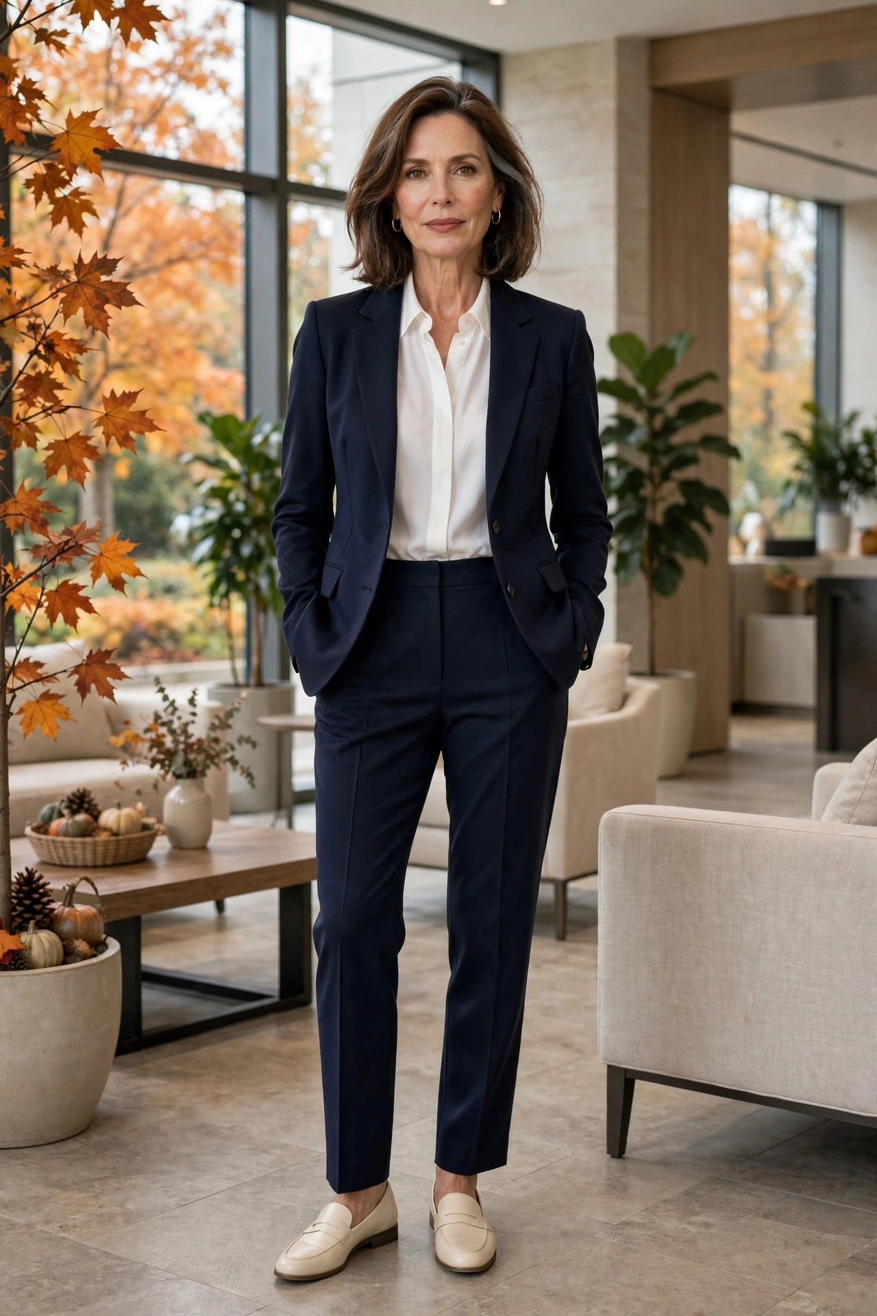 Woman in her 50s wearing cream loafers and a navy suit in an office lobby