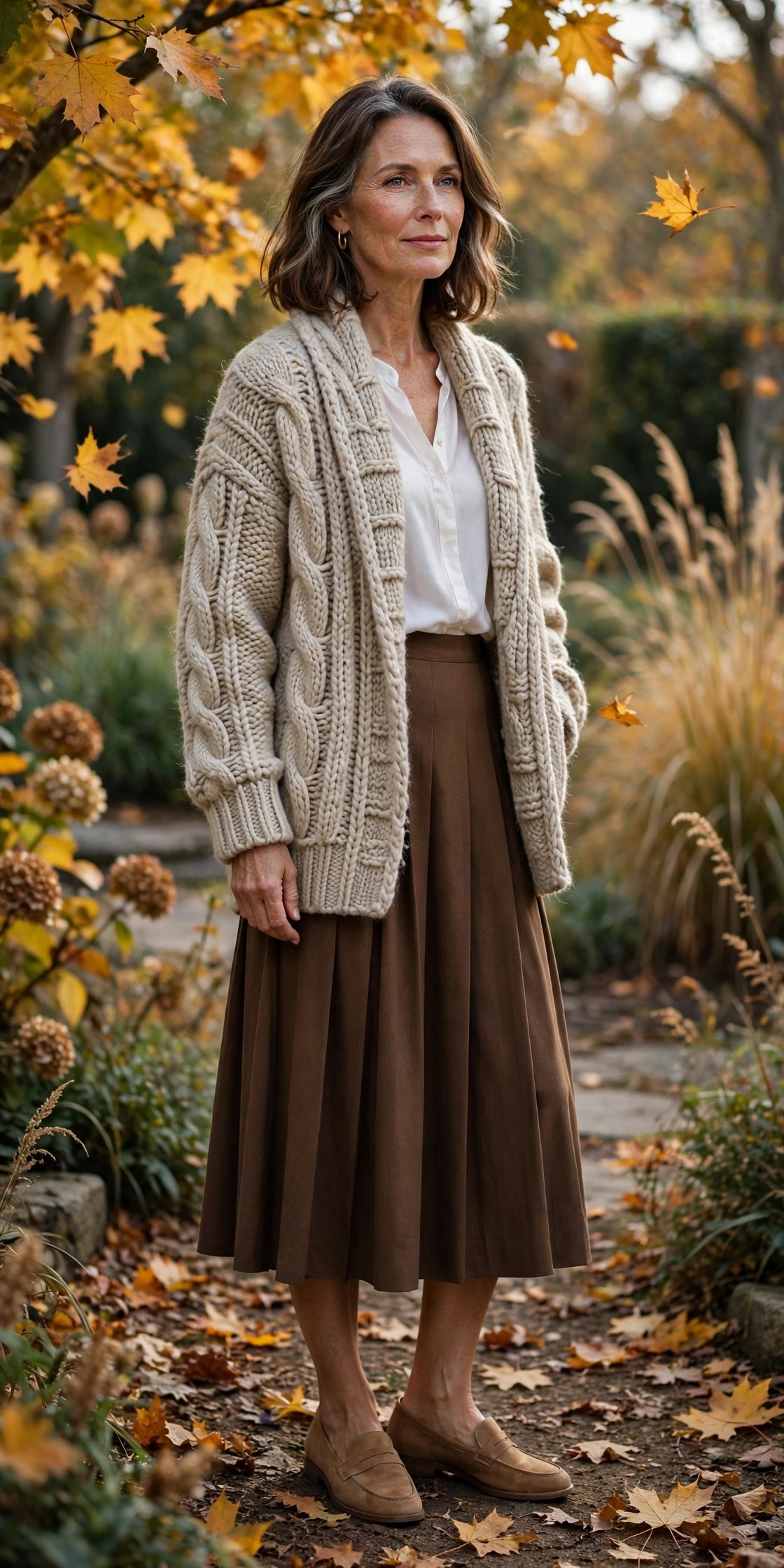 Woman over 50 in tan loafers, chunky cardigan and pleated midi skirt in an autumn garden