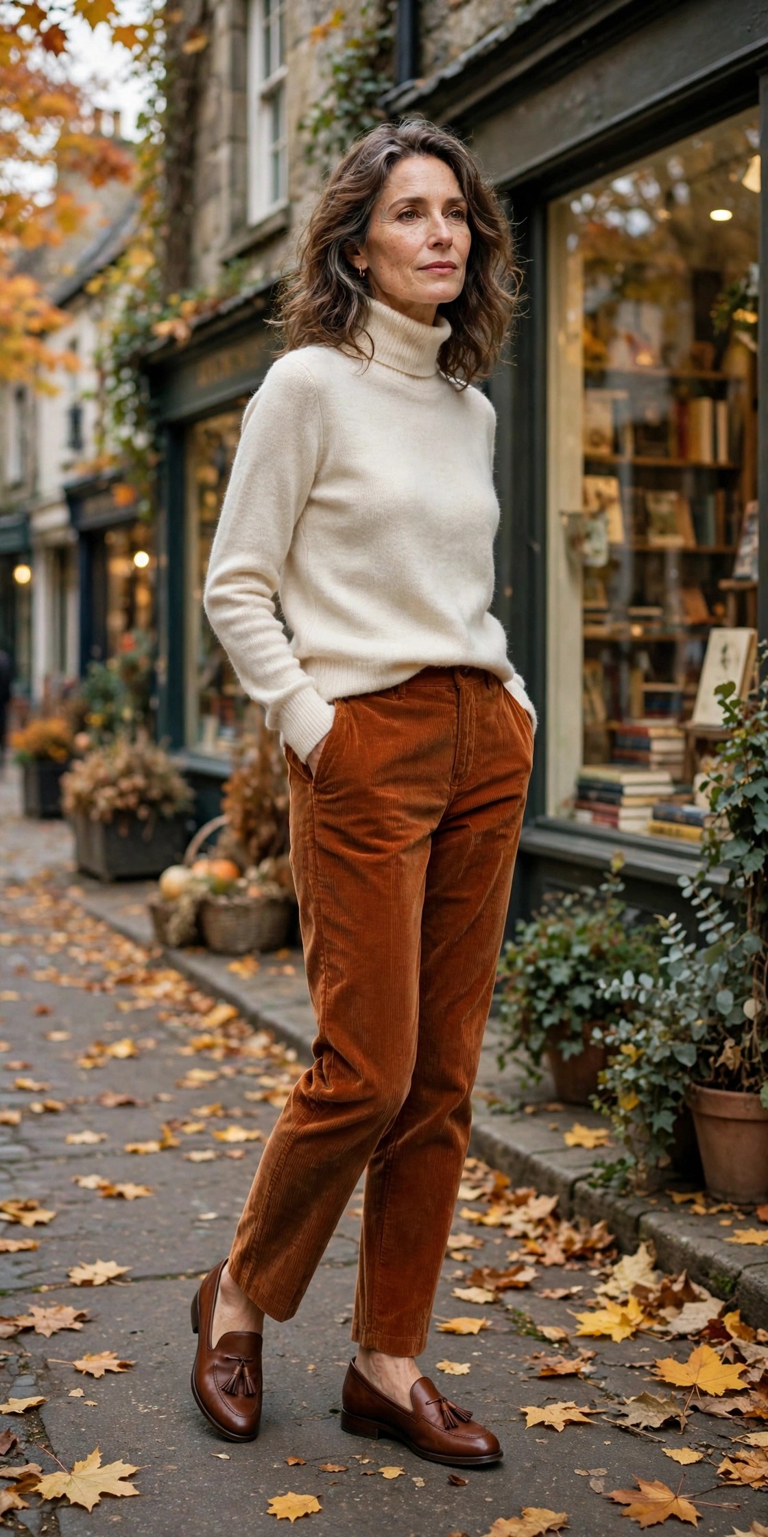 Woman in her 50s wearing tassel loafers, corduroy pants and a turtleneck on a fall street