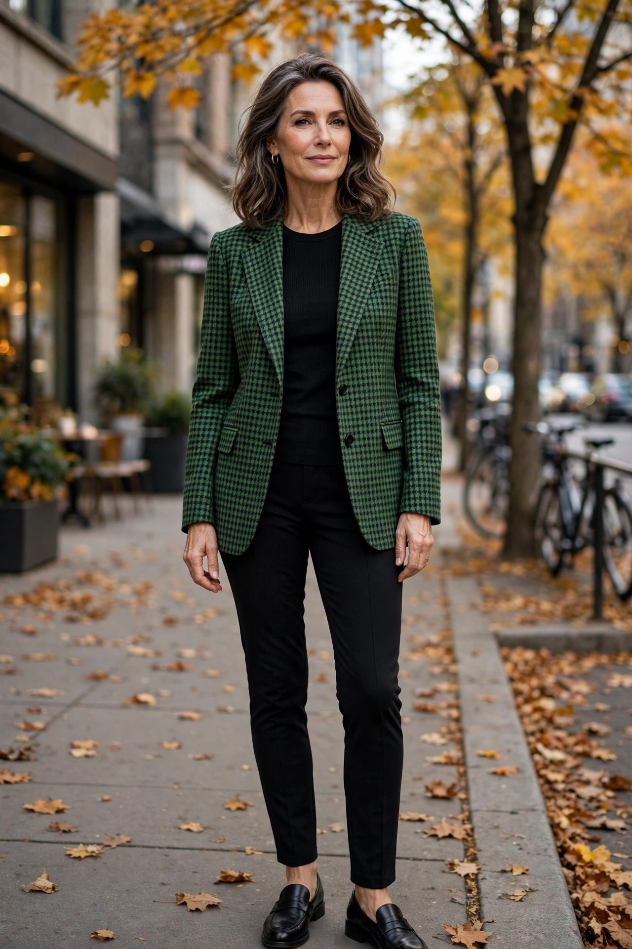 Elegant woman over 50 in black loafers, houndstooth blazer and black pants in the city