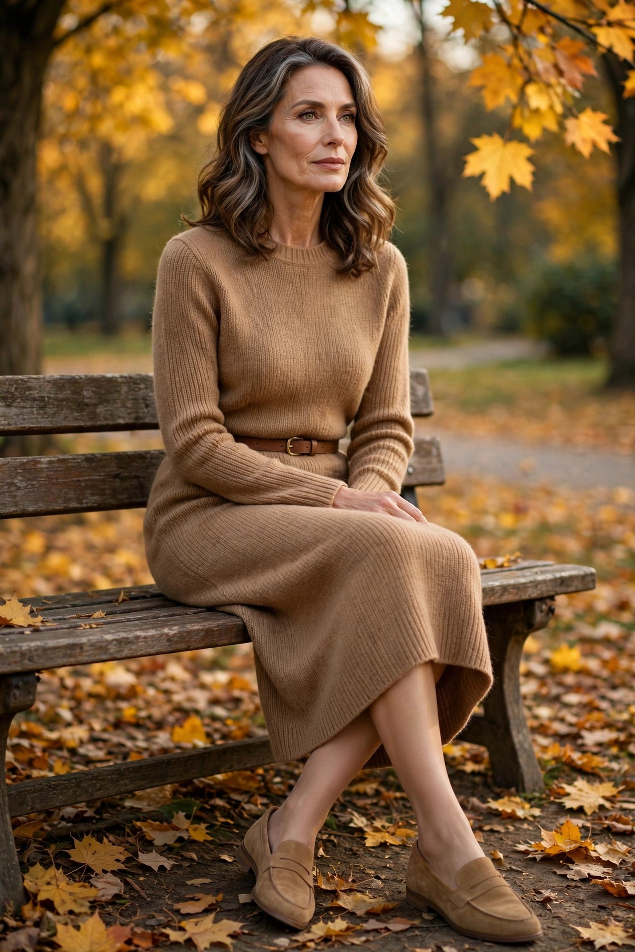 Woman over 50 in tan suede loafers and a belted camel knit dress on a park bench