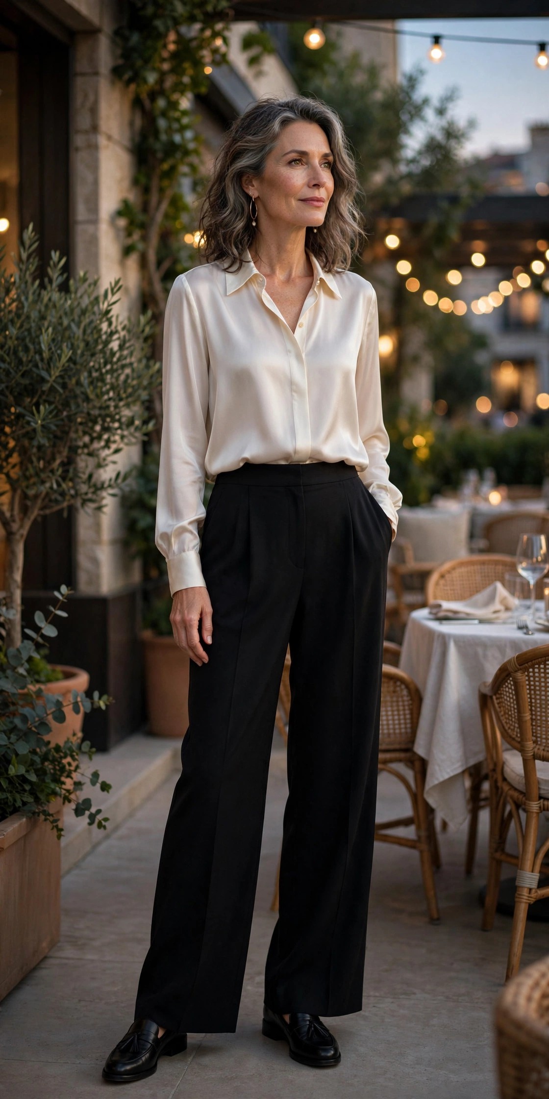 Woman in her 50s wearing black loafers, wide-leg pants and a silk blouse in the evening