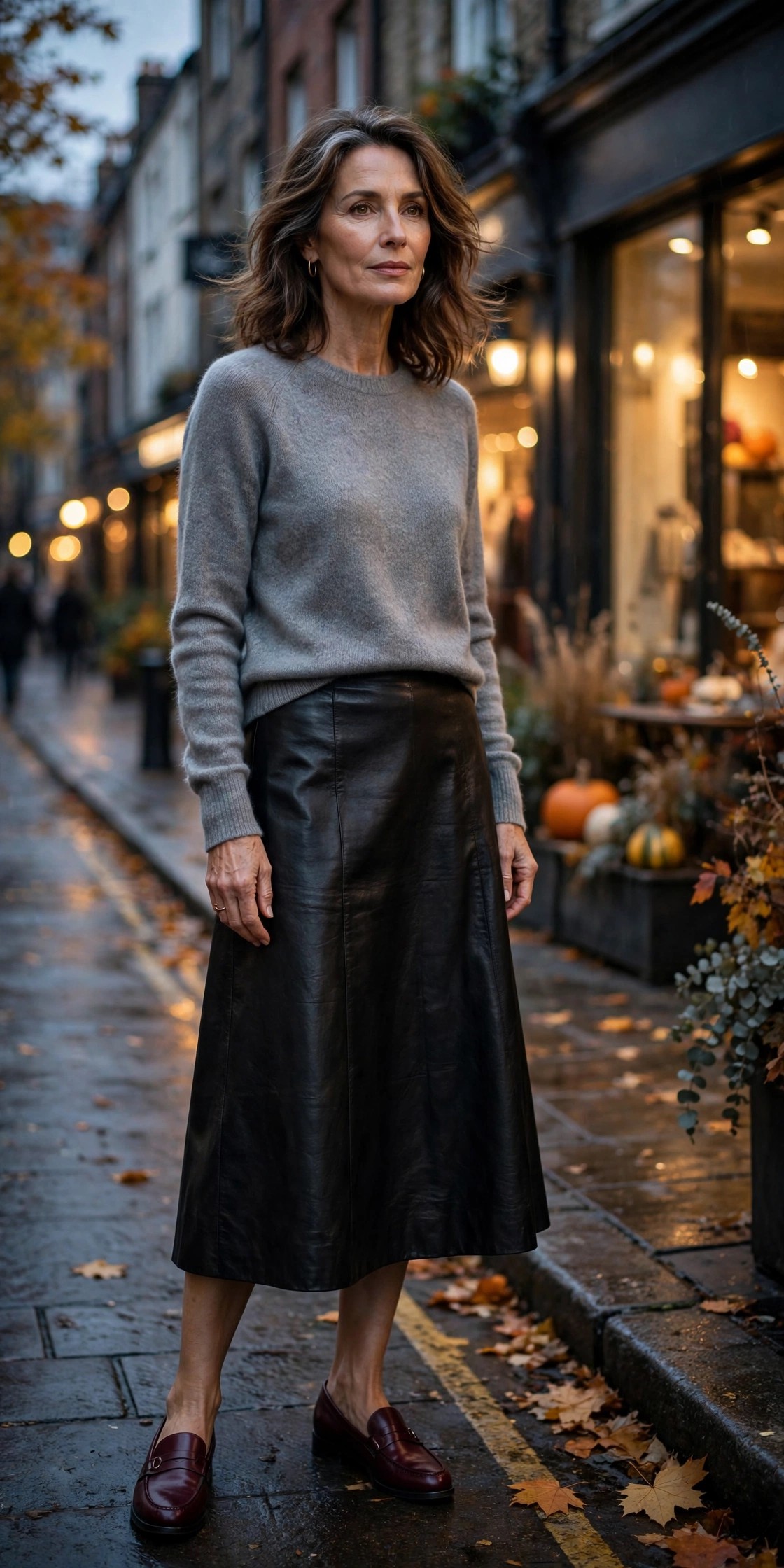 Elegant woman over 50 in burgundy loafers, leather midi skirt and cashmere sweater at dusk