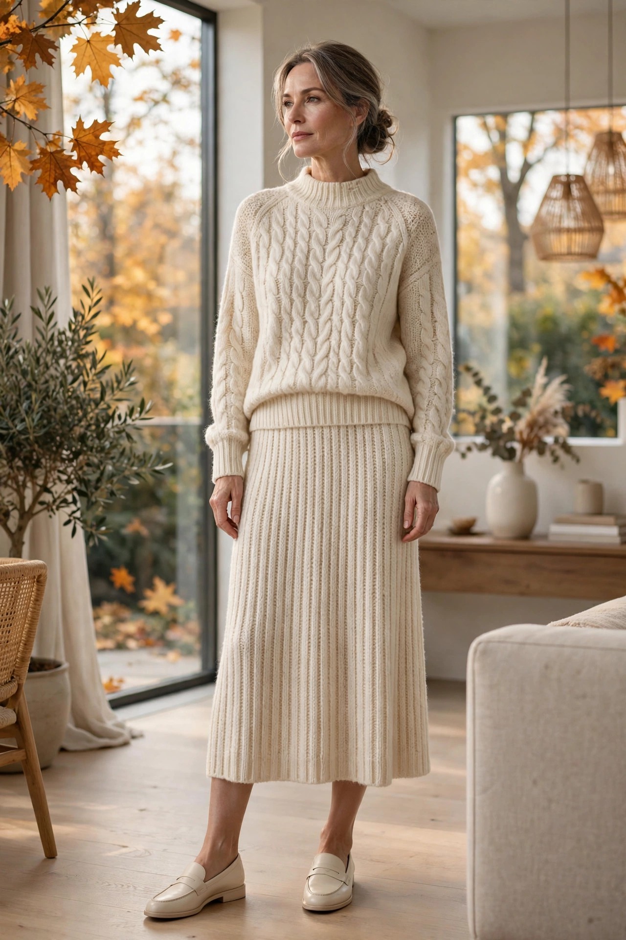 Woman over 50 in cream loafers and a cream monochrome knit set in a bright interior