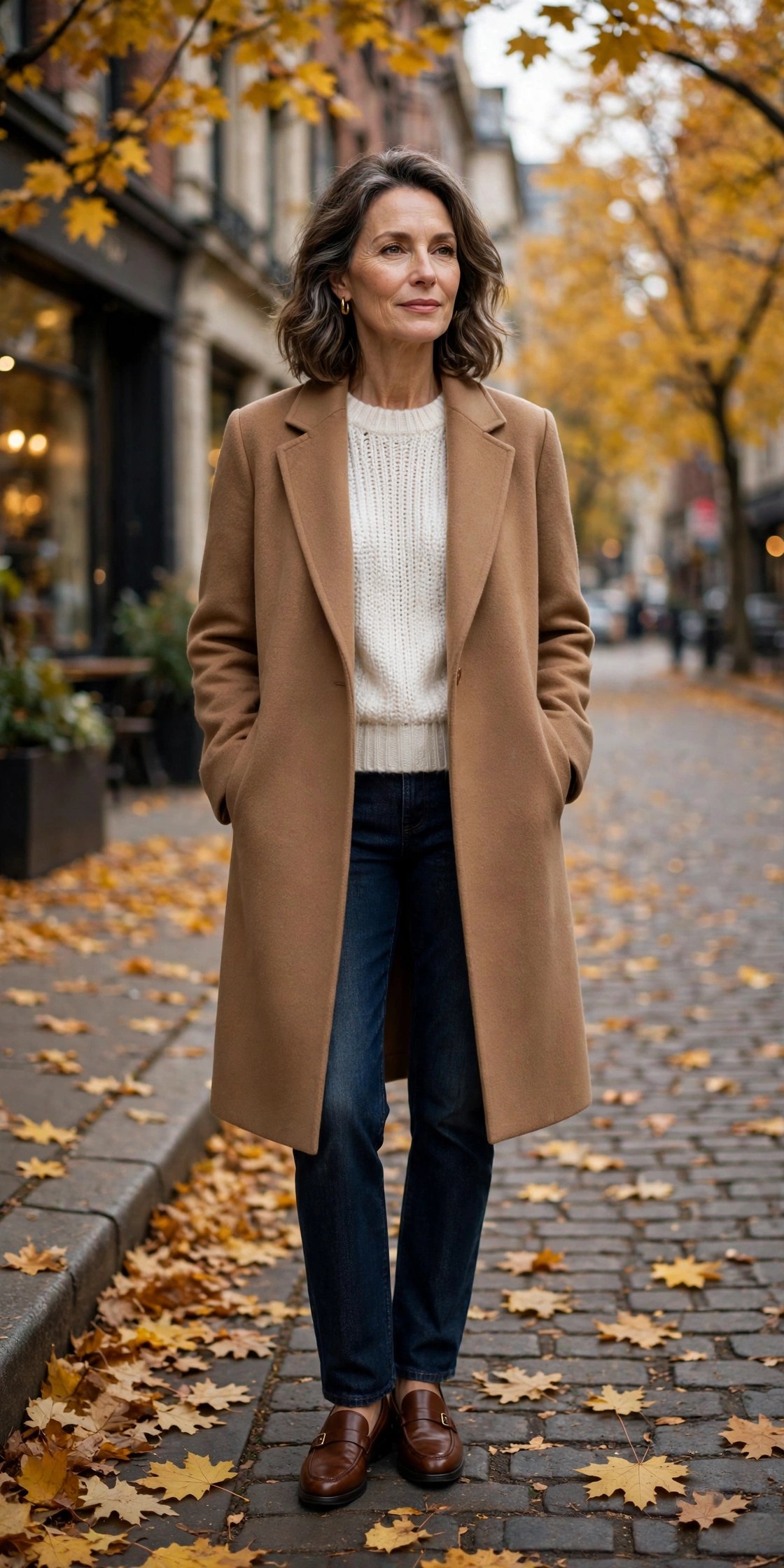 Woman in her 50s wearing brown loafers, dark jeans and a camel coat on a fall street