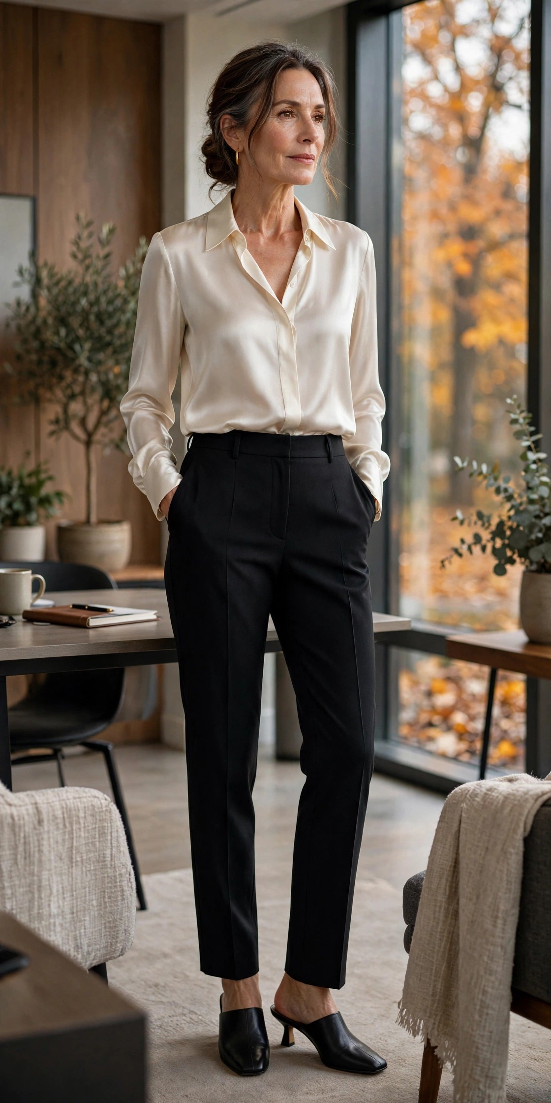 Woman over 50 in black heeled mules, tailored trousers and a silk blouse in a fall office