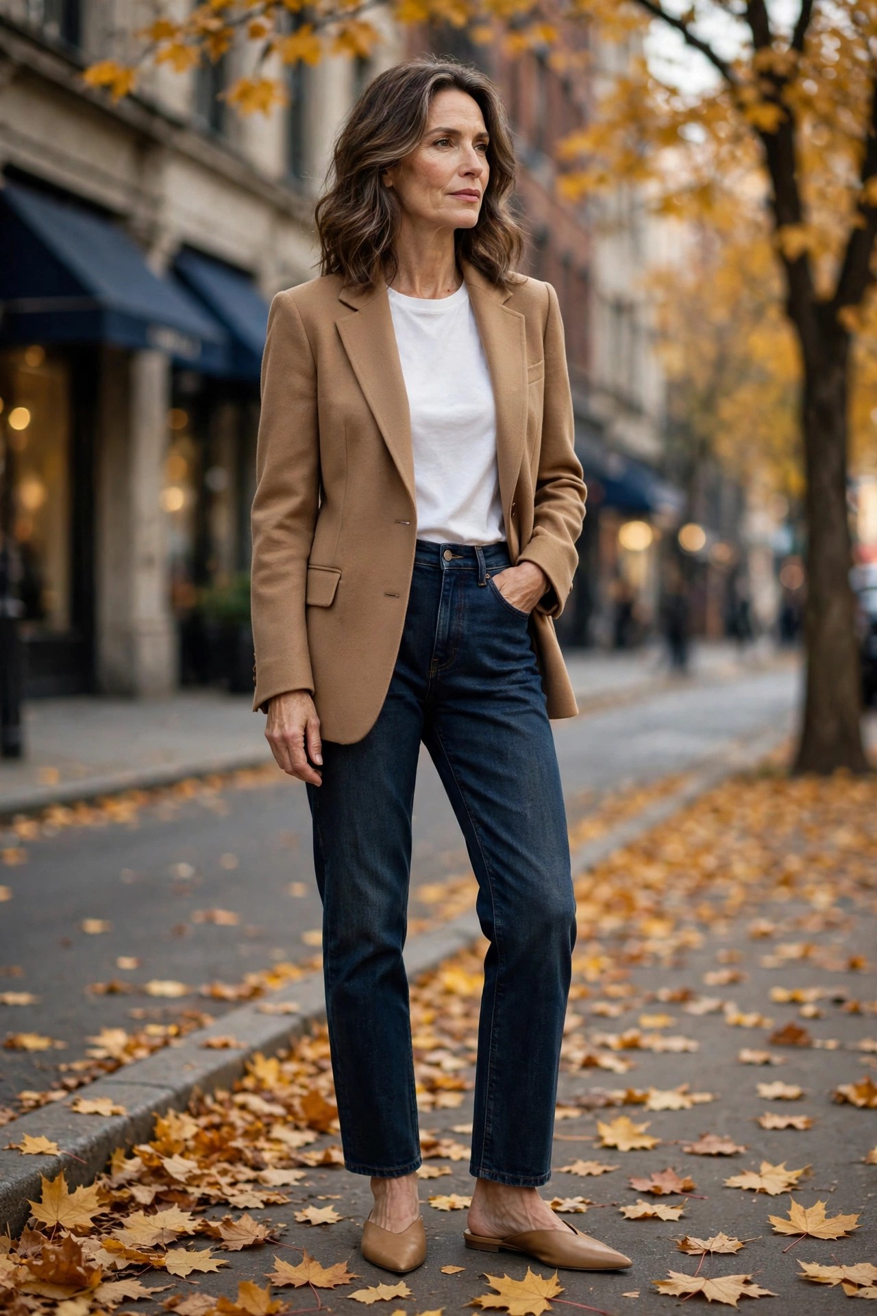 Woman in her 50s wearing tan mules, camel blazer and dark jeans on a fall street