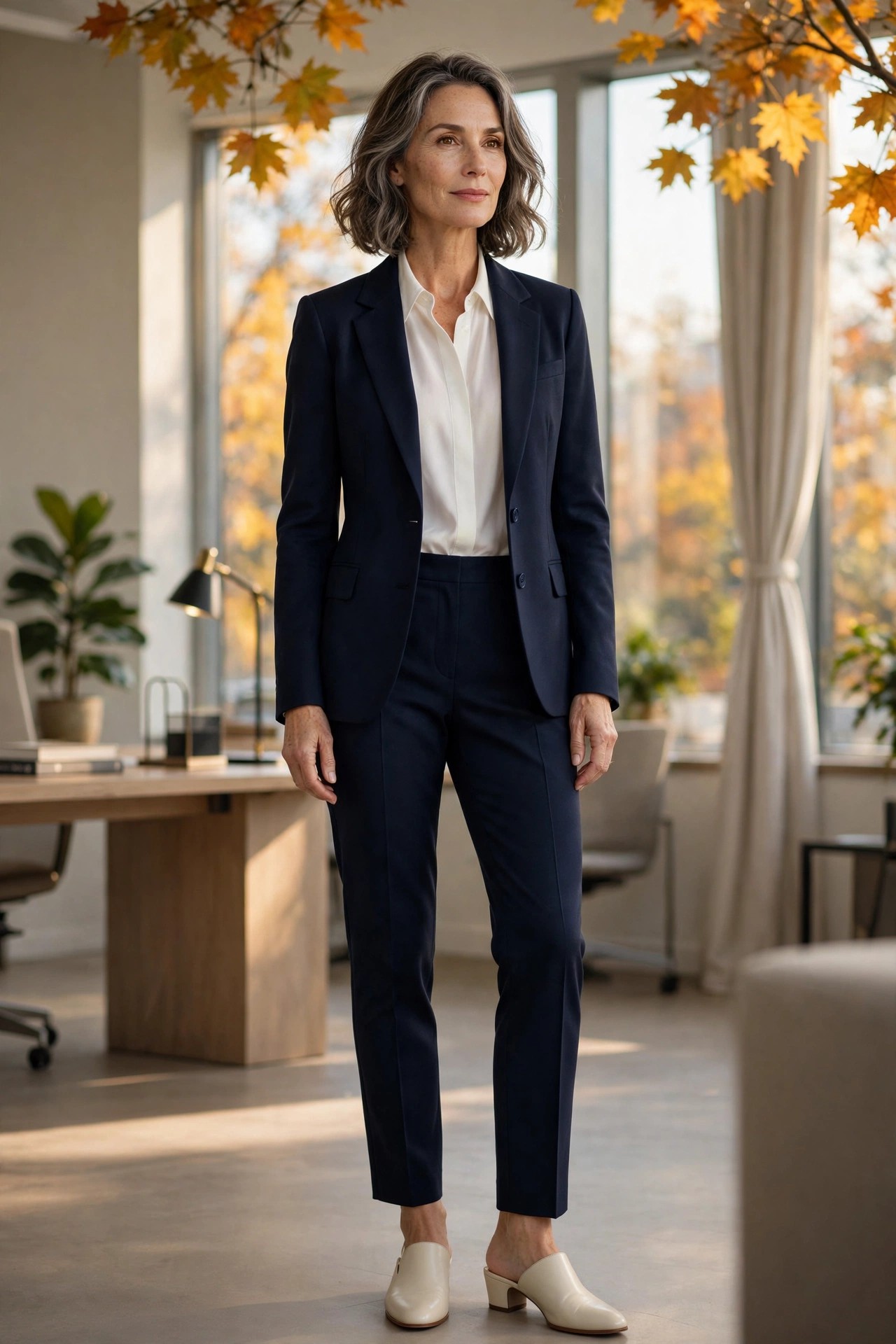 Woman in her 50s wearing cream mules and a navy suit in a bright office