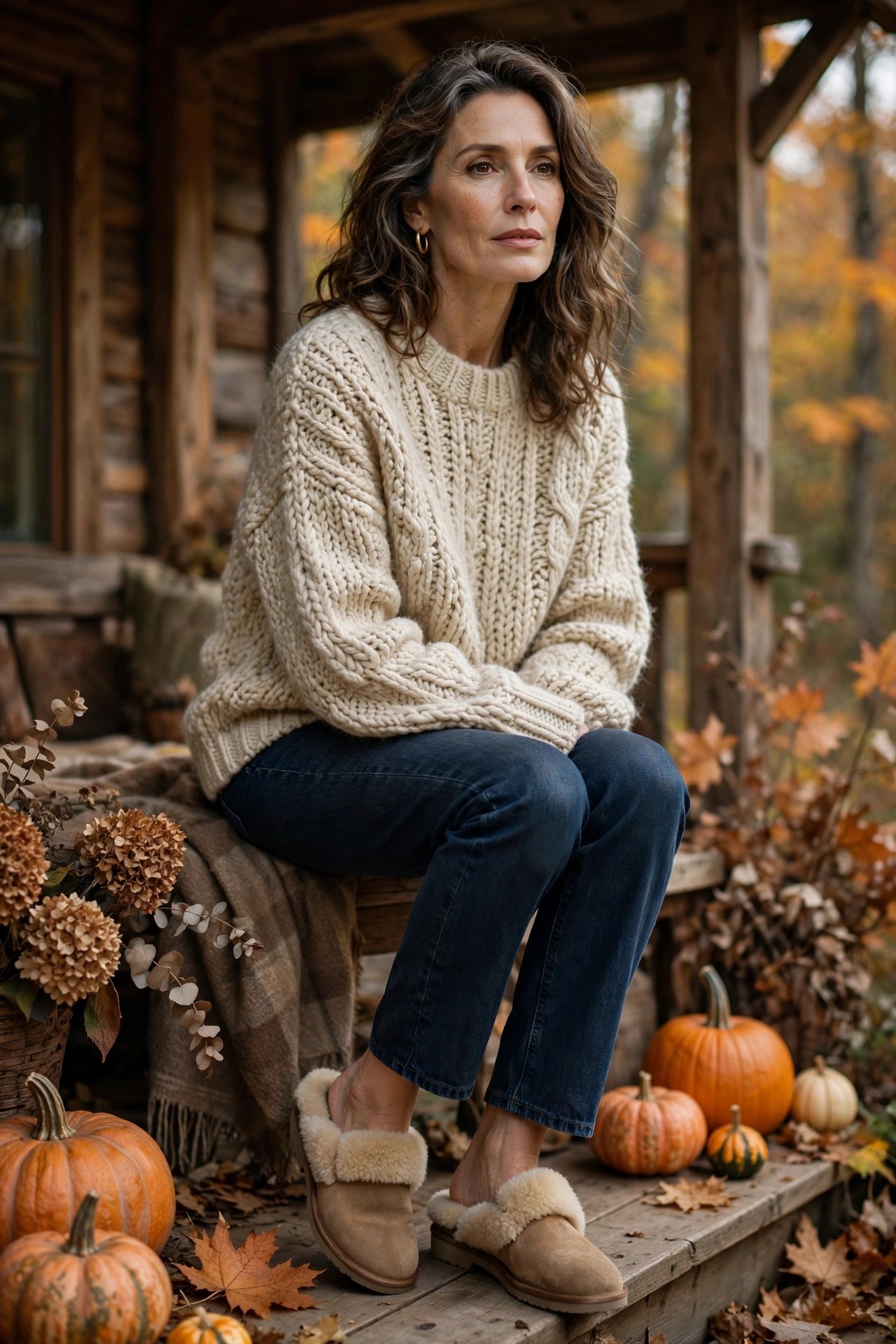 Woman over 50 in shearling-lined mules, chunky sweater and jeans on a cabin porch