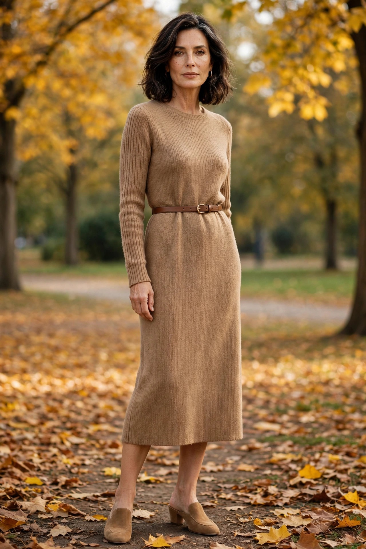 Woman in her 50s wearing tan suede mules and a belted camel knit dress in an autumn park