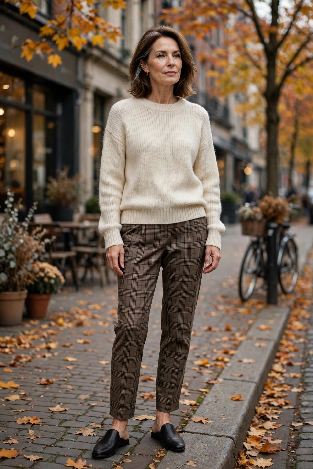 Elegant woman over 50 in black mules, plaid trousers and a cream sweater on a fall street