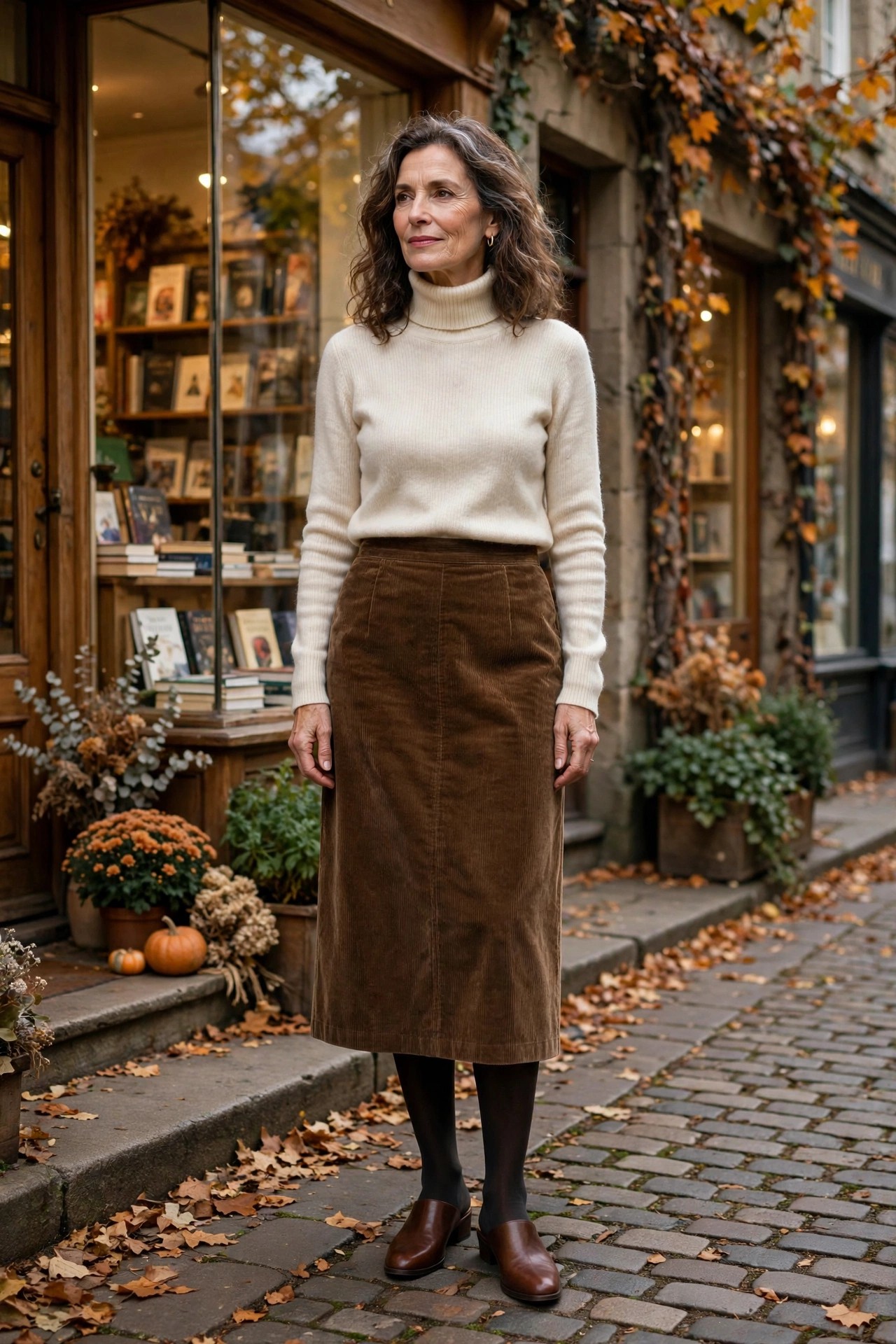 Woman over 50 in brown mules, corduroy skirt, tights and turtleneck on a bookshop street