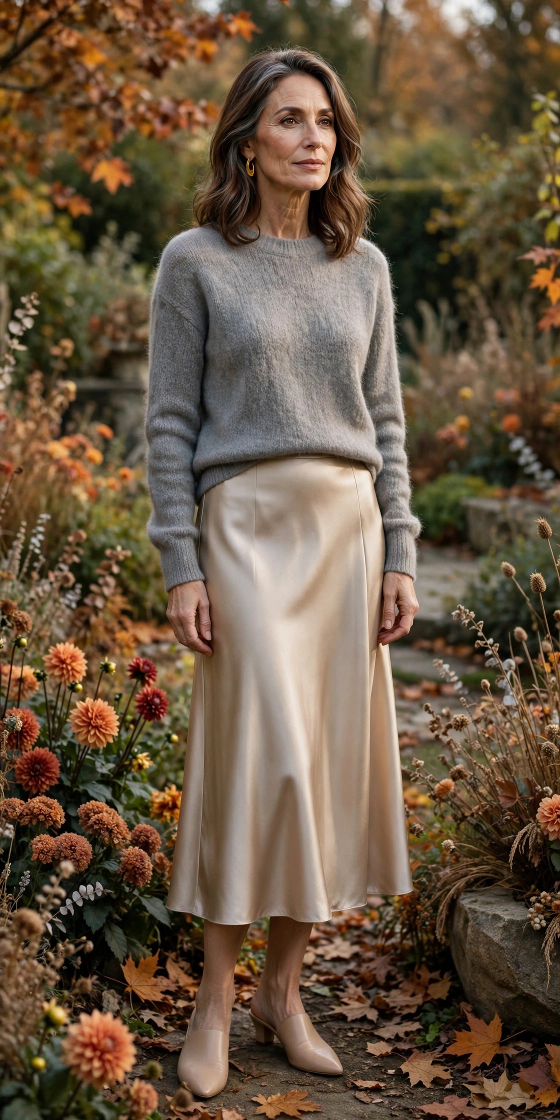 Elegant woman over 50 in nude mules, satin midi skirt and cashmere sweater in a fall garden