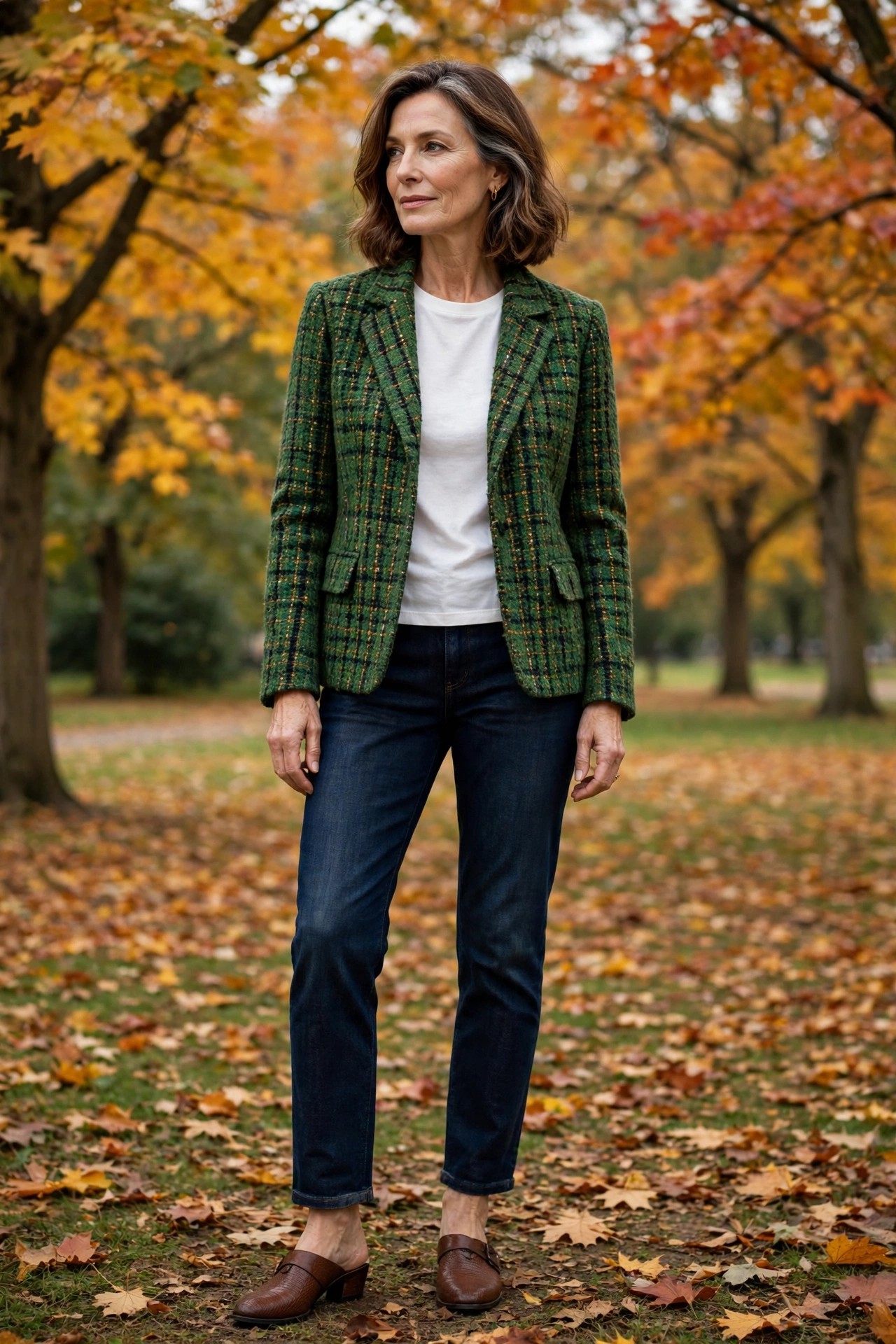 Woman over 50 in brown mules, dark denim and a green tweed jacket in an autumn park