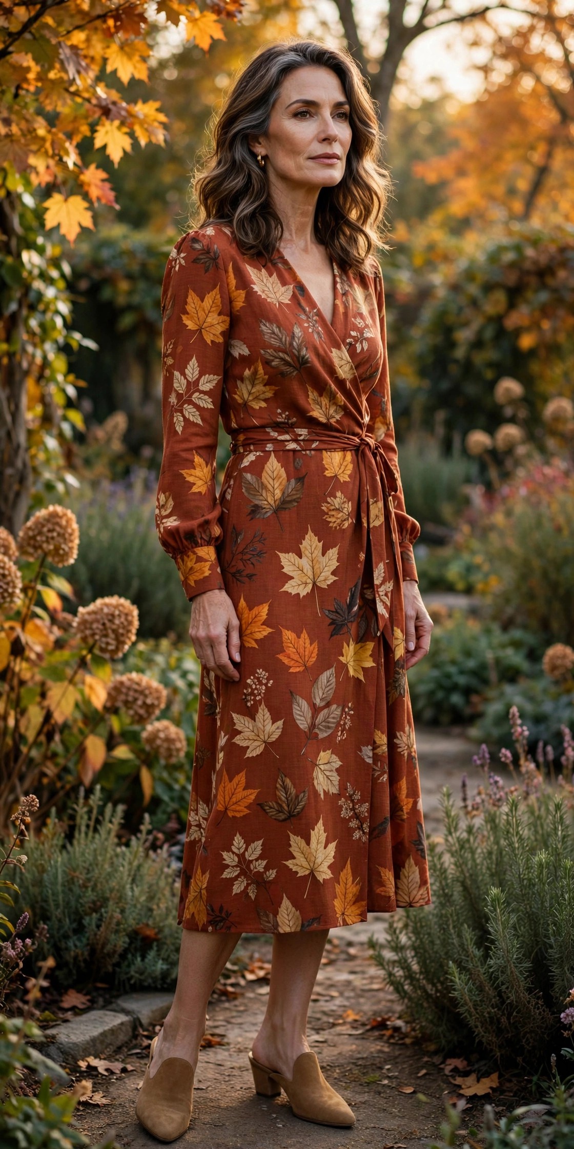 Woman in her 50s wearing tan mules and a rust autumn-print wrap dress in a fall garden