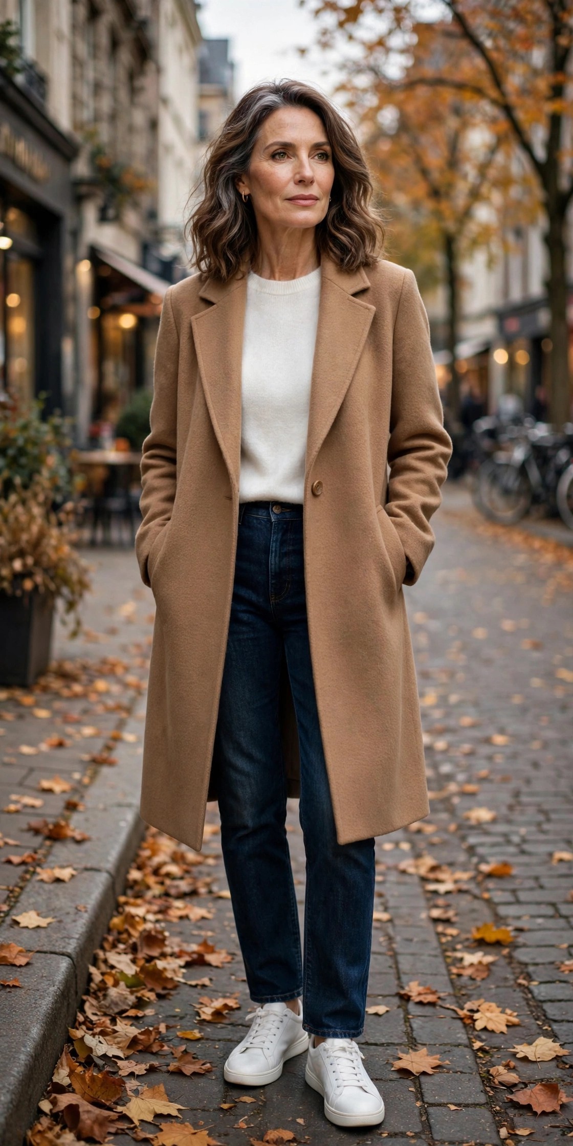 Woman over 50 in white sneakers, dark jeans and a camel coat on a fall street