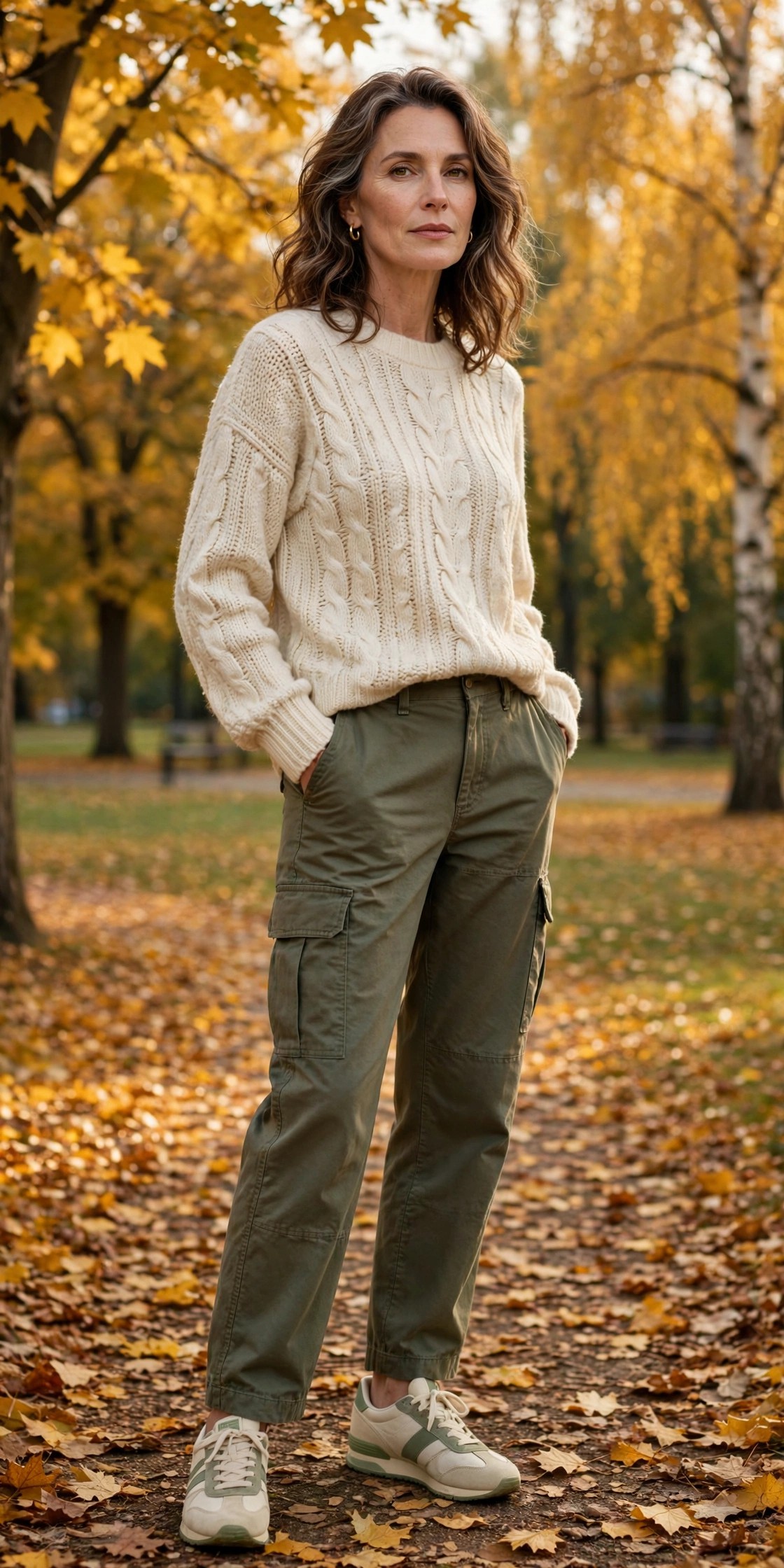 Woman in her 50s wearing retro sneakers, olive cargo pants and a cream sweater in autumn