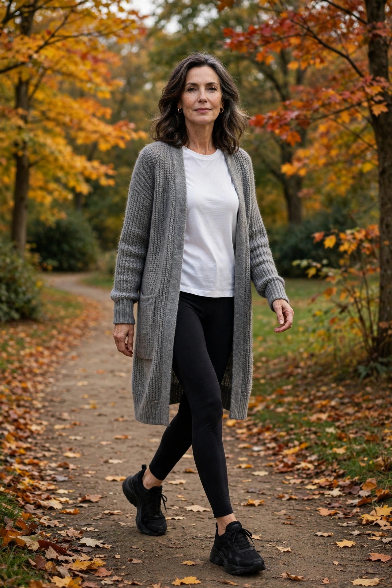 Woman over 50 in black sneakers, leggings and a long cardigan on a fall walking path