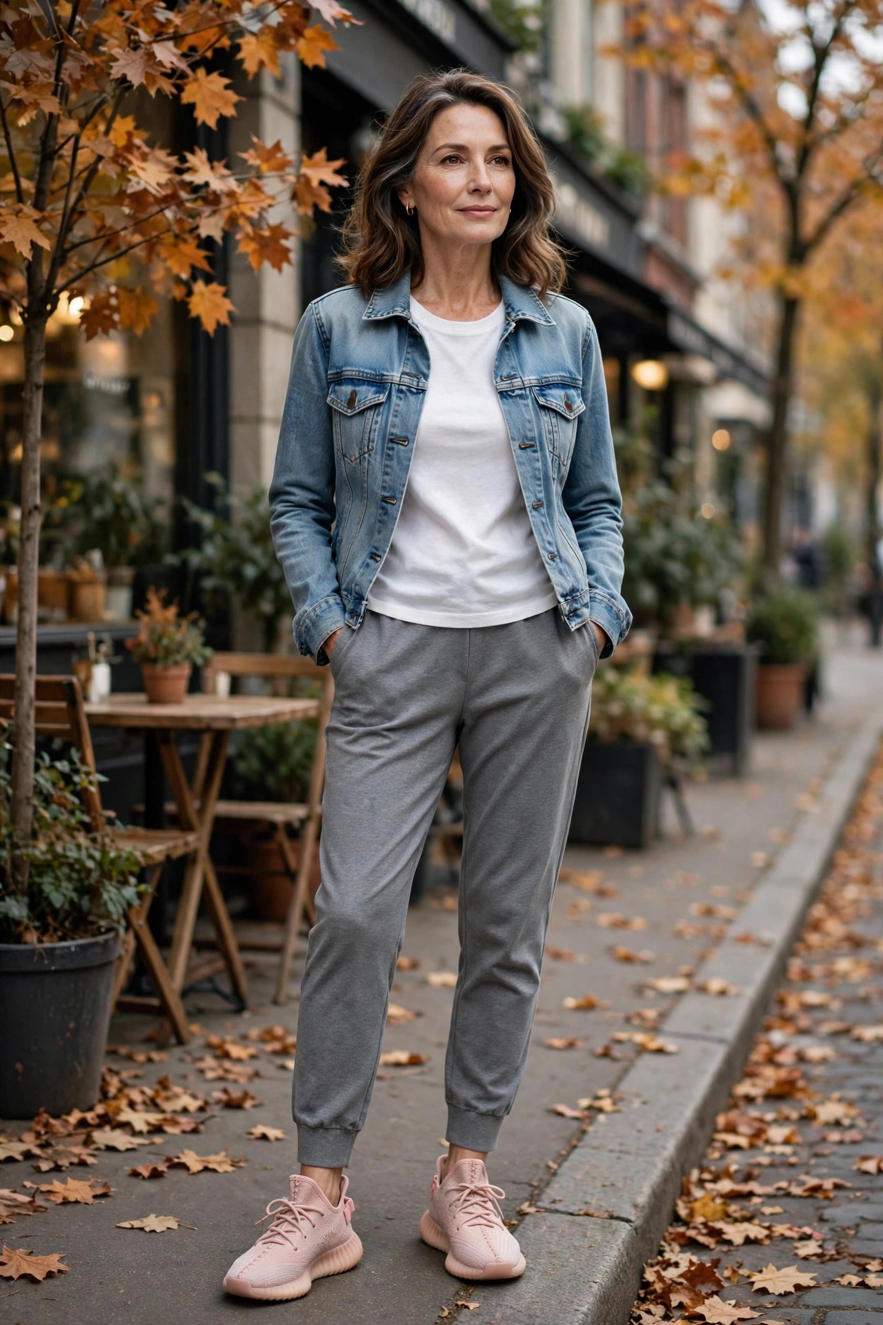 Woman in her 50s wearing blush sneakers, gray joggers and a denim jacket in the city