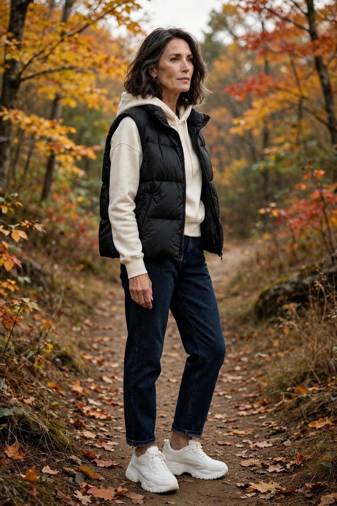 Woman over 50 in chunky sneakers, puffer vest and jeans on an autumn trail