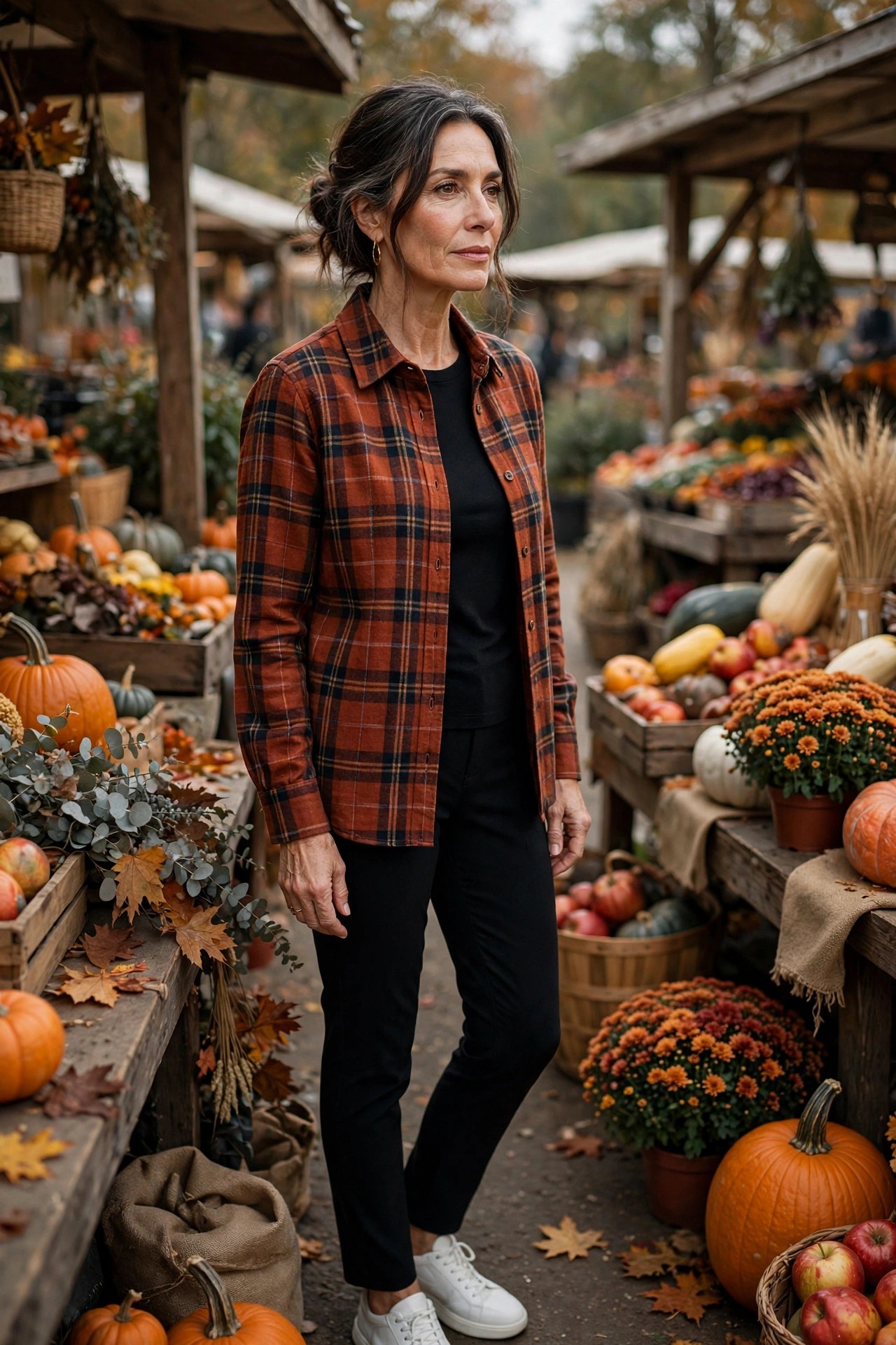 Woman in her 50s wearing white sneakers, plaid shacket and black pants at a fall market